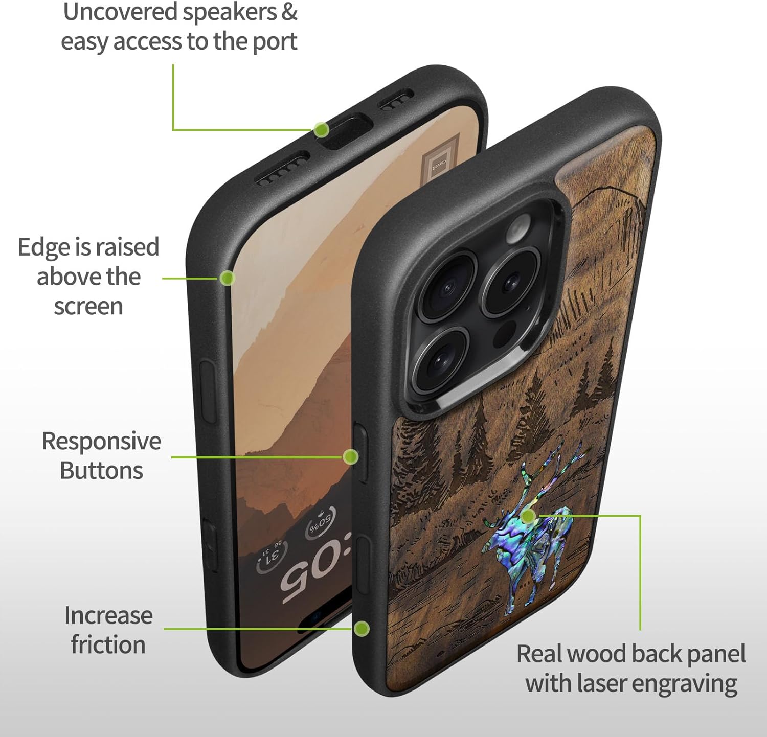 Carveit Magnetic Case for iPhone 16 Pro Case, Wood Artisan Engraved & Handmade Shell Inlaid, TPU Shockproof Cover, Compatible with MagSafe Wireless Chargers (Forest Deer) Walnut