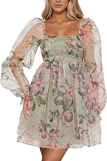 Women’s Floral Mini Dress Long Sleeve Square Neck Babydoll Casual A-Line Flowy Short Dress