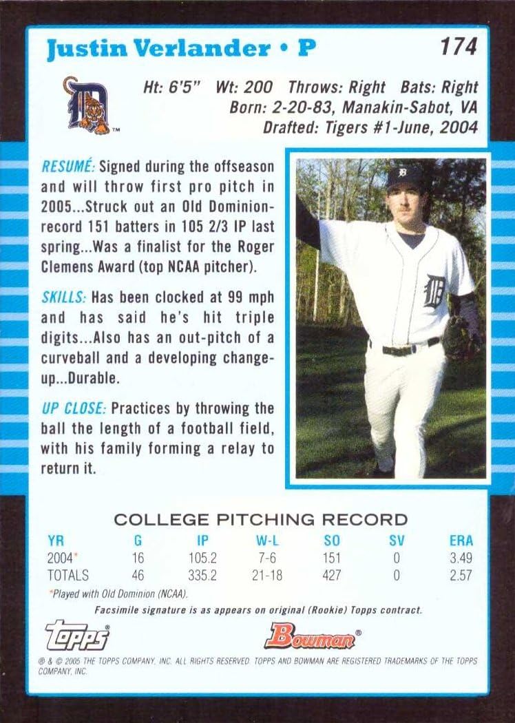 2005 Bowman Baseball #174 Justin Verlander Rookie Card