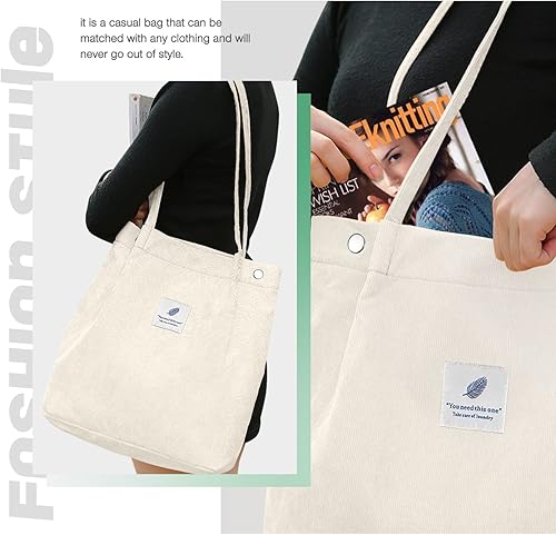 Miniatura 5 de Bolsas de pana para mujer, bolsa de pana de gran capacidad, reutilizable, con bolsillos interiores