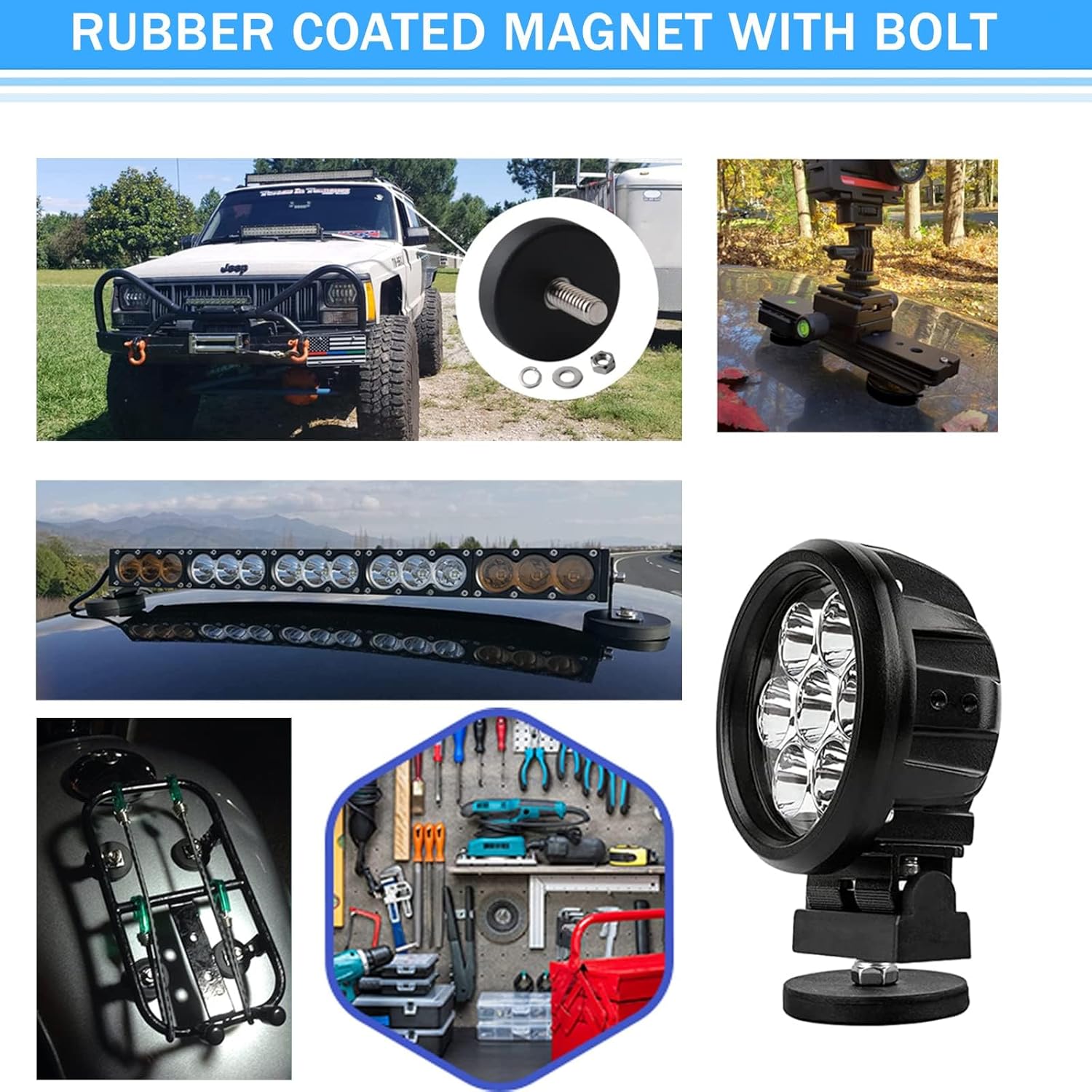 Rubber Coated Super Strong Rare Earth Magnets, 130lbs Mounting Base with Threaded Stud, Suitable for Light Bars Mirror Camera Tool