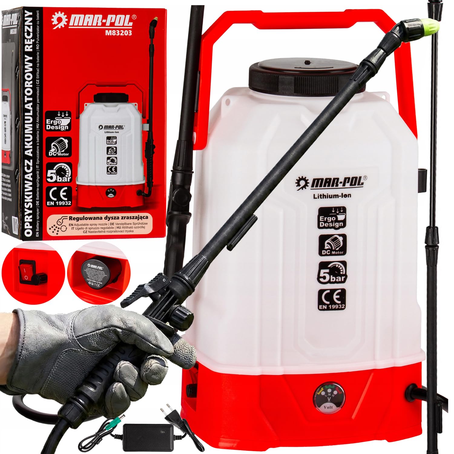 Irroratore a batteria 8 litri, 2,5Ah, pressione 5 bar, lancia regolabile 59-86 cm, con bratelle e supporto schiena