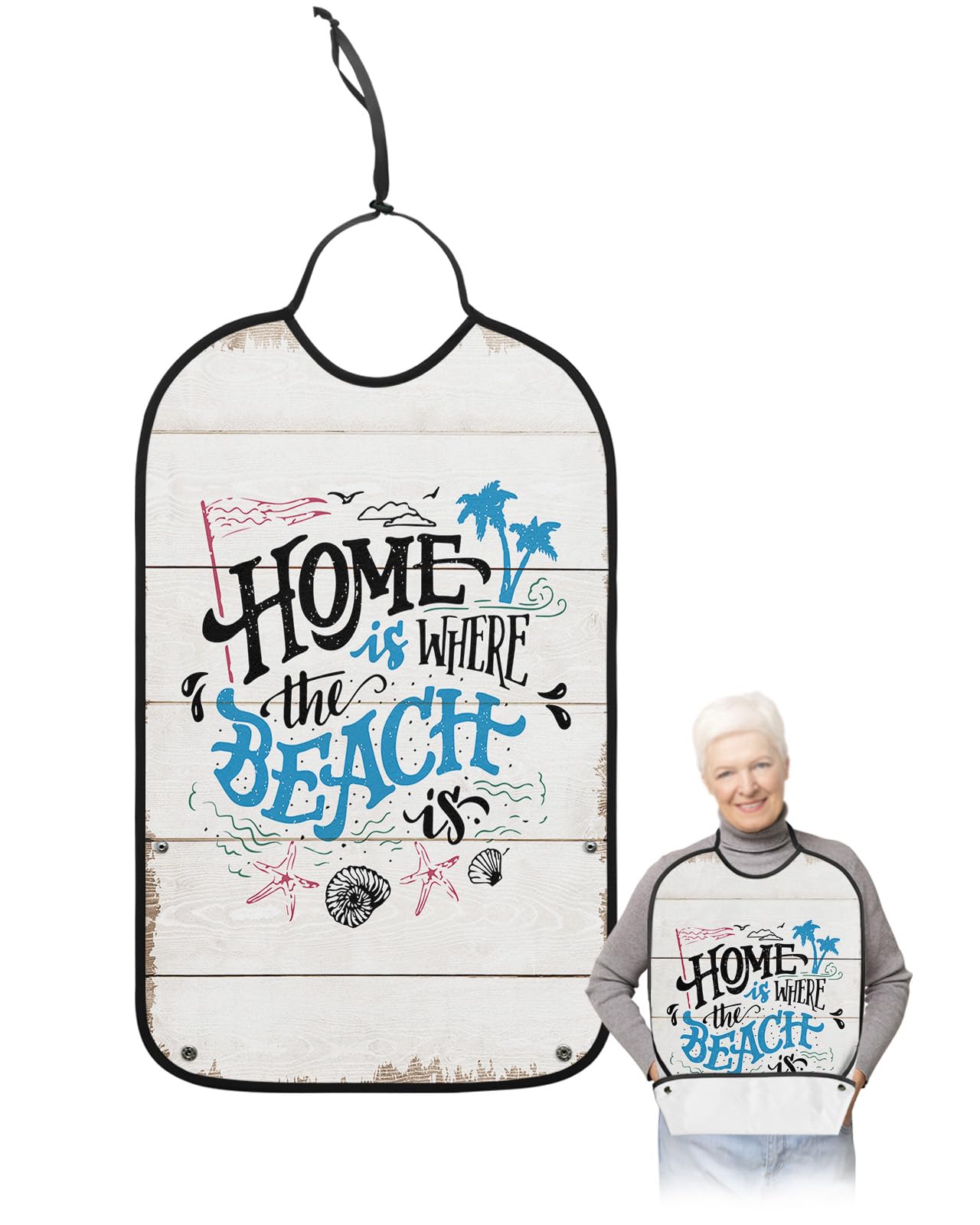 Home is Where The Beach Adult Bibs for Eating, Waterproof Bibs with Food Catcher & Adjustable Snap Closure, Ocean Coastal Starfish Shells Rustic Wood Clothing Protectors Adult Bibs for Elderly