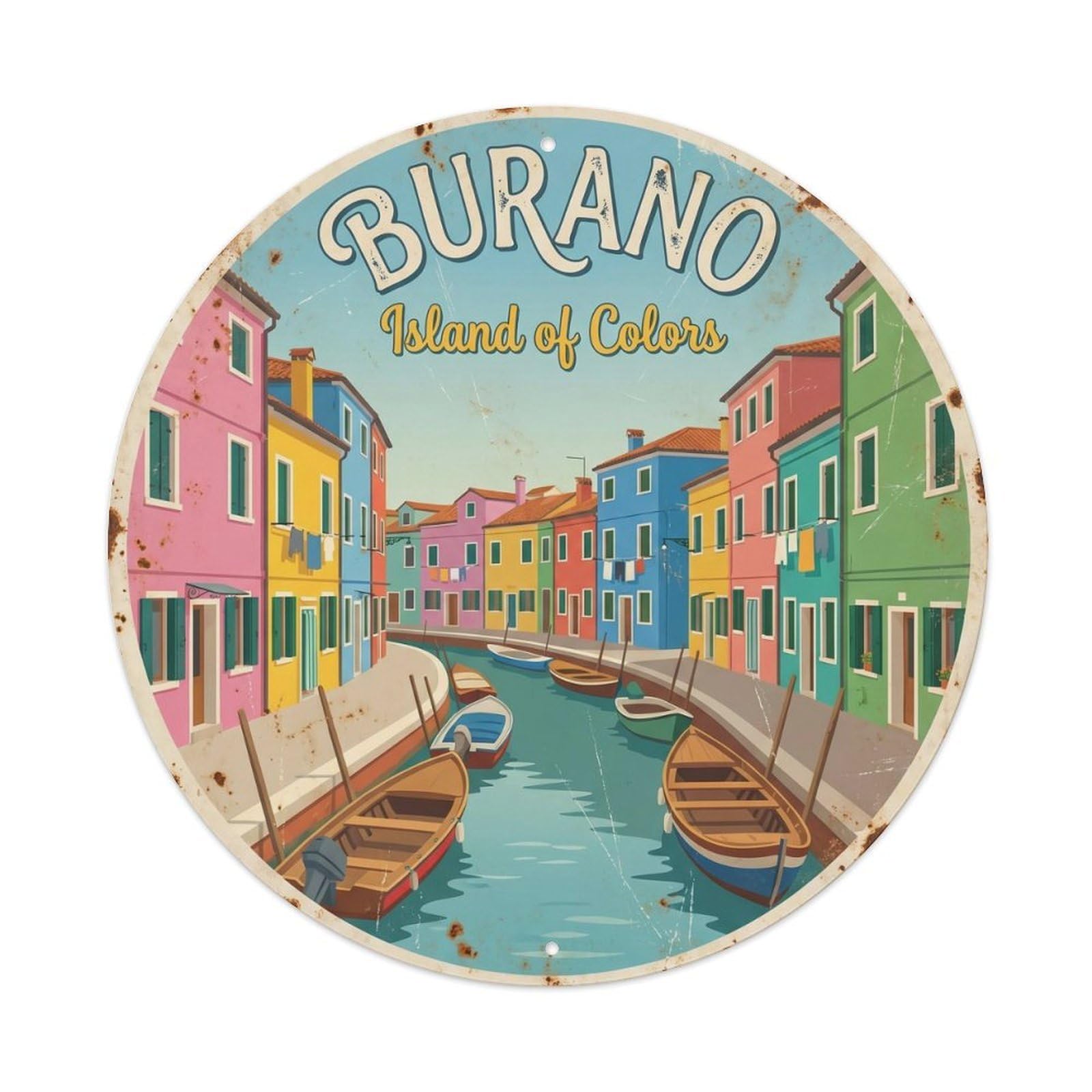 Vintage Travel Venice Burano Island Metal Tin Sign Plaque Wall Decor for Cafe, Club, Garden Round Metal Poster 8x8Inch