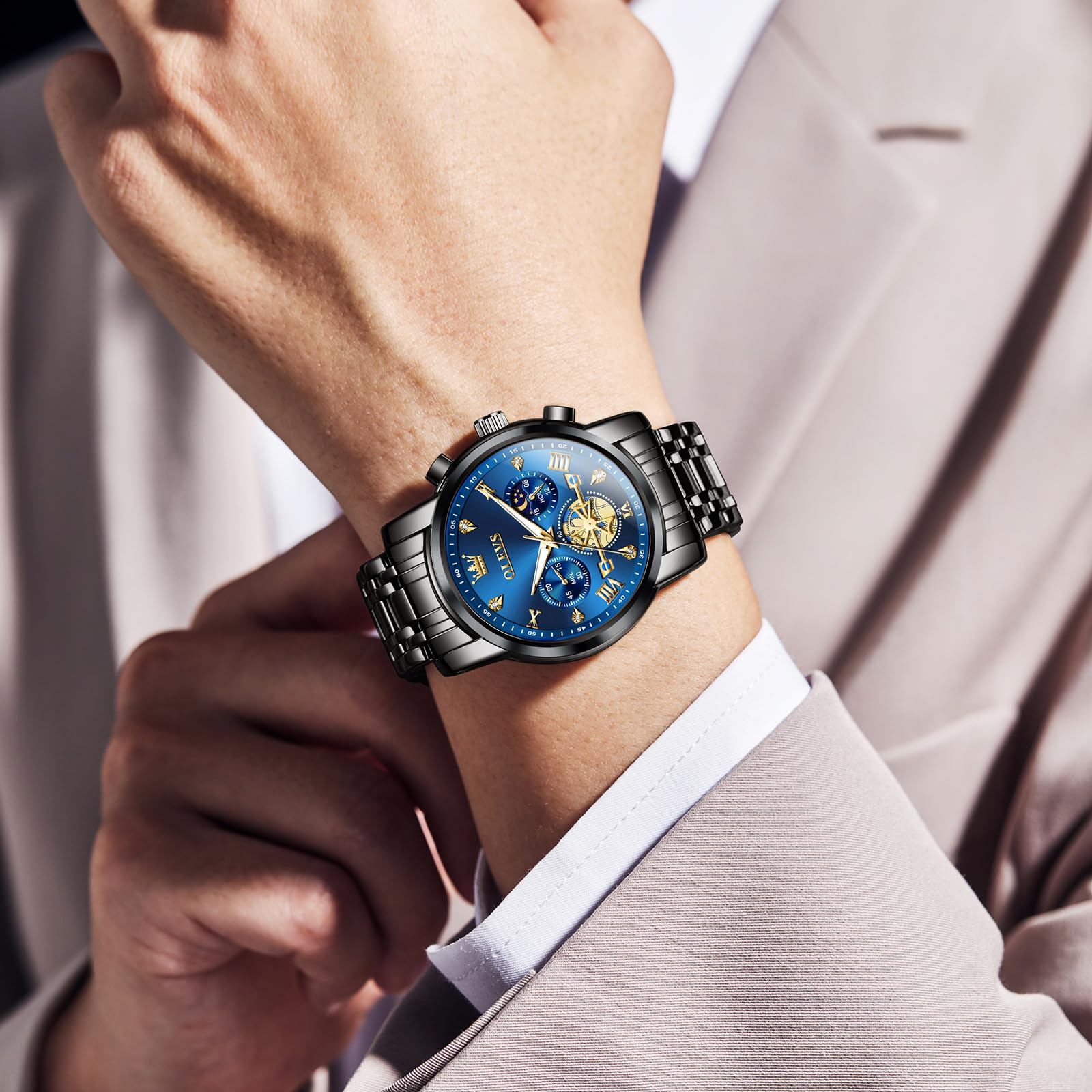OLEVS Großes Analog Herrenuhren Metallarmband Quarz Edelstahl Herren Armbanduhr mit Mondphase Leuchtende Chronograph Wasserdicht Uhr Geschenke für Männer