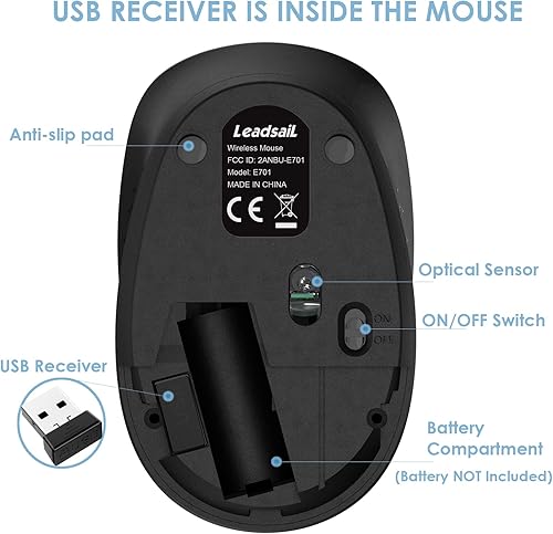 Miniatura 6 de LeadsaiL Mouse inalámbrico para laptop, mouse USB silencioso de 2.4 GHz, mouse óptico delgado con 3 botones, 1600 DPI, funciona con Windows, Mac,