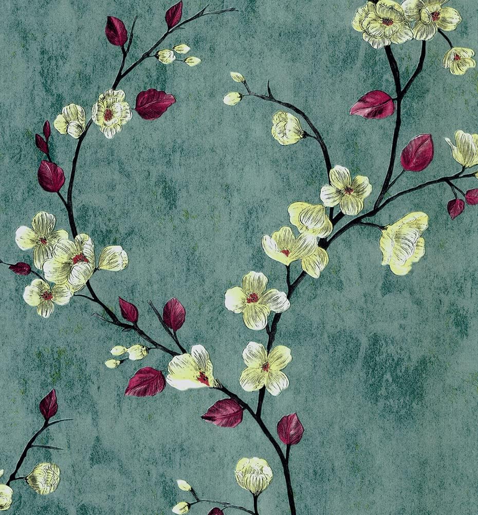 J836 Floral Peel and Stick Wallpaper Plum Flower Vinyl Removable Self Adhesive Contact Paper for Furniture Countertops Wall Decor 17.7''x 9.8ft, Green/Yellow