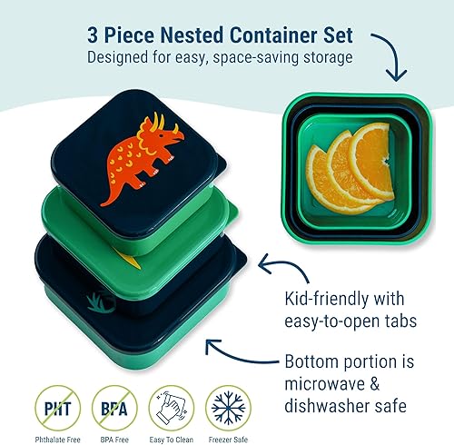 Miniatura 3 de Wildkin Contenedores de comida anidables para niños, apilables, herméticos y aptos para lavavajillas, juego de 3 dinosaurios jurásicos