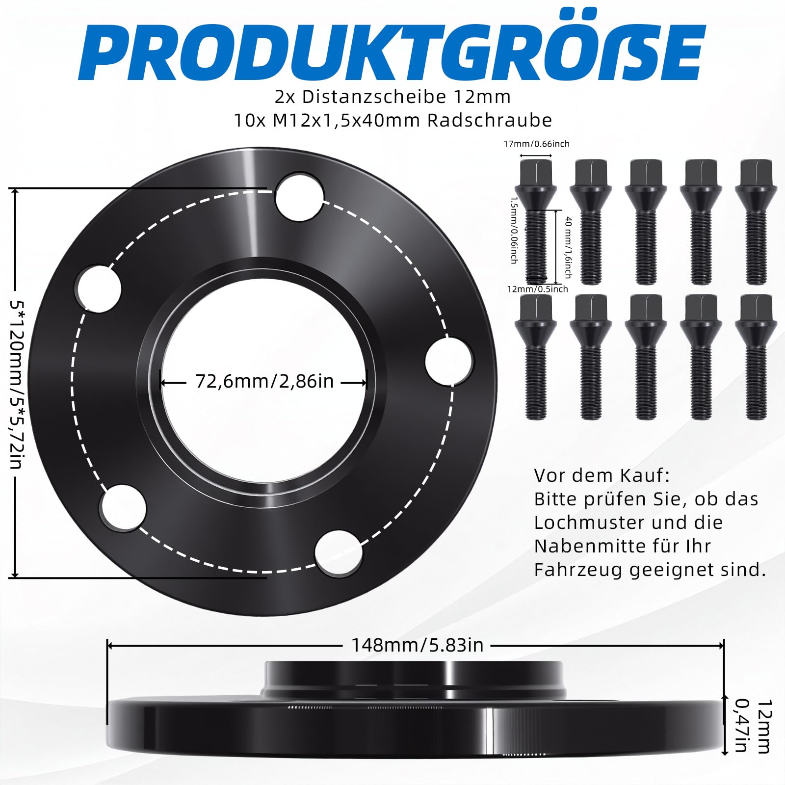 Radnaben-Distanzscheiben-Set, bestehend aus zwei 12-mm-Distanzscheiben, Lochkreis 5x120 mm, Mittenbohrungsdurchmesser 72,6 mm. Passend für BMW 3er E46, E90, E60 und Z4. (2x12mm 5x120 NLB:72.6)