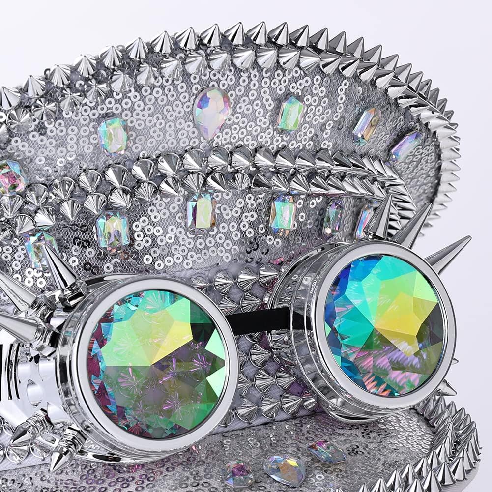 GRACEART Women's Burning Man Sequin Hat Mucis Festival Military Captain Hats Steampunk Caps with Goggles