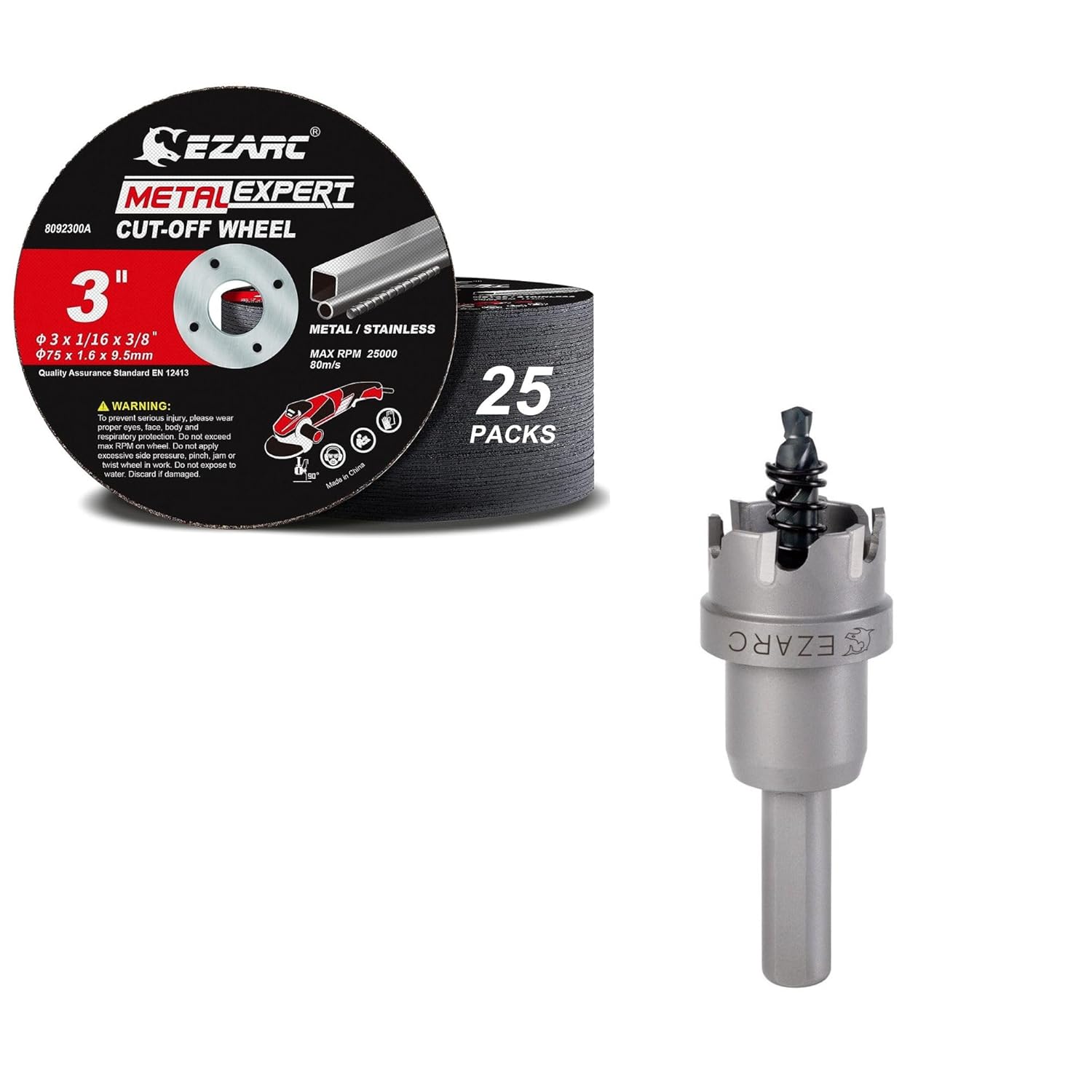 EZARC Cut Off Wheels 25 Pack, 3” x 1/16” x 3/8” Cutting Wheel, Metal & Stainless Steel Cutting Disc for Die Grinder + EZARC Carbide Hole Saw Heavy Duty, Hole Cutter for Sheet Metal 3/4'' 19mm