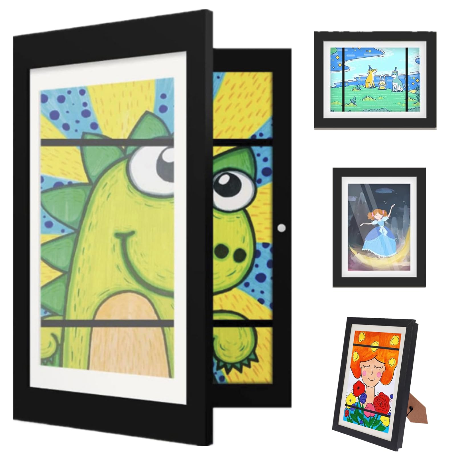 Kids Art Frame Children Artwork Display Frame Front Opening A4 Picture Frame Wooden Picture Frame Walled Hanging Art Photo Storage for Children Artworks Projects Crafts Display - Black