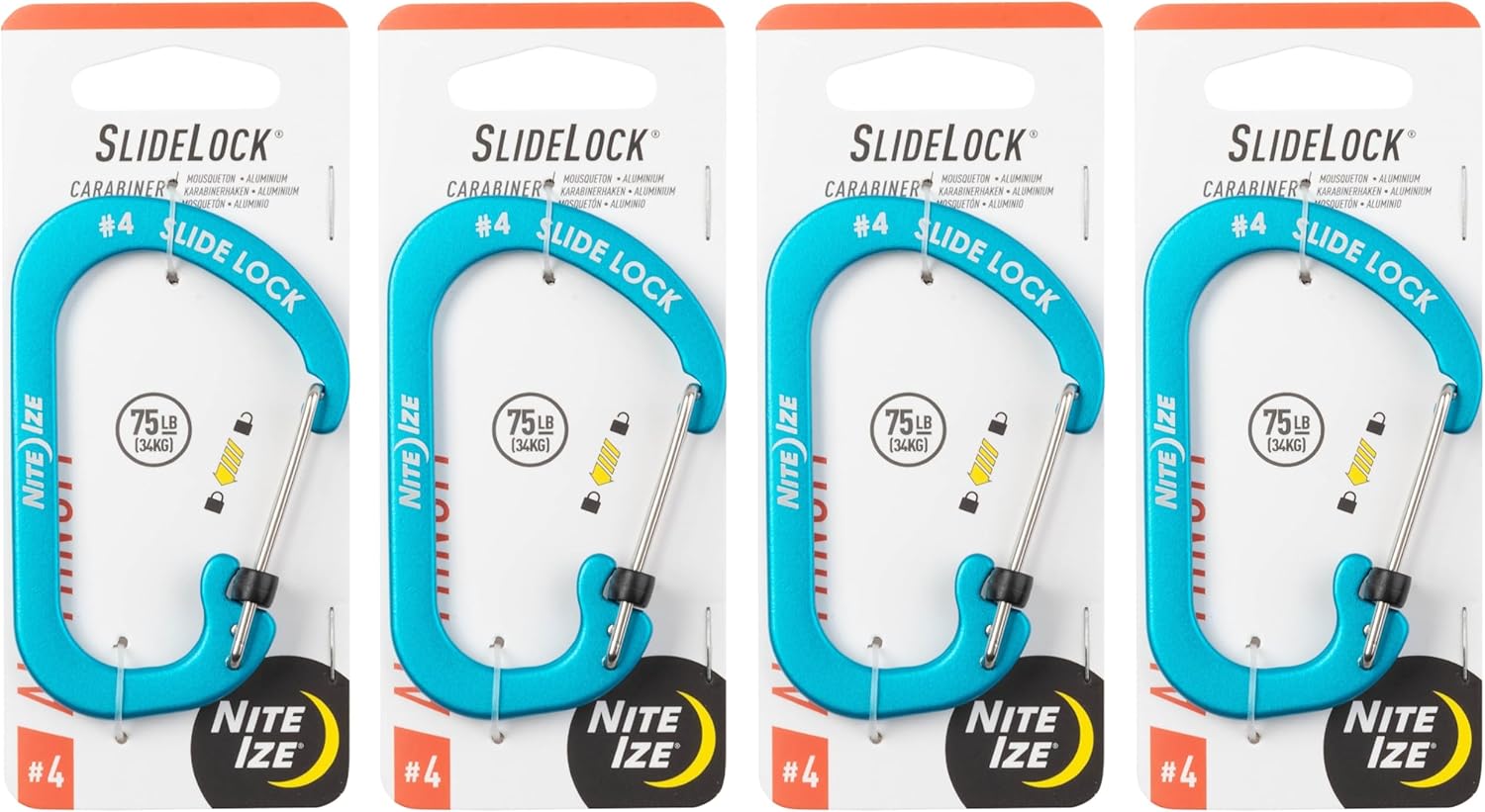 Nite Ize Aluminum SlideLock Carabiner - Daily Use & Lightweight Carabiner - Compact Aluminum Carabiner with Lock - Versatile Rectangular Carabiner - Size 4, Blue (4 Pack)