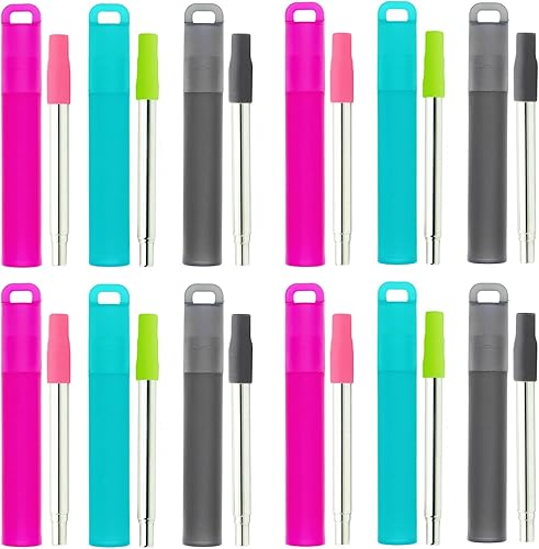 Miniatura 1 de NAIVEL Metal Reusable Straws 12 Pack Collapsible Portable Stainless Steel Straws, with Plastic Housing Silicone Tips and Cleaning Brush, Retractable