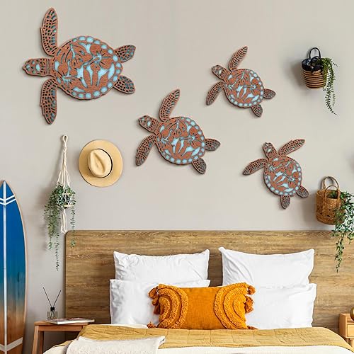 Miniatura 5 de Tatuo 4 piezas de decoración de pared costera de Navidad, arte de pared de playa, tortuga de mar azul, tabla de surf, caballito de mar, conchas de