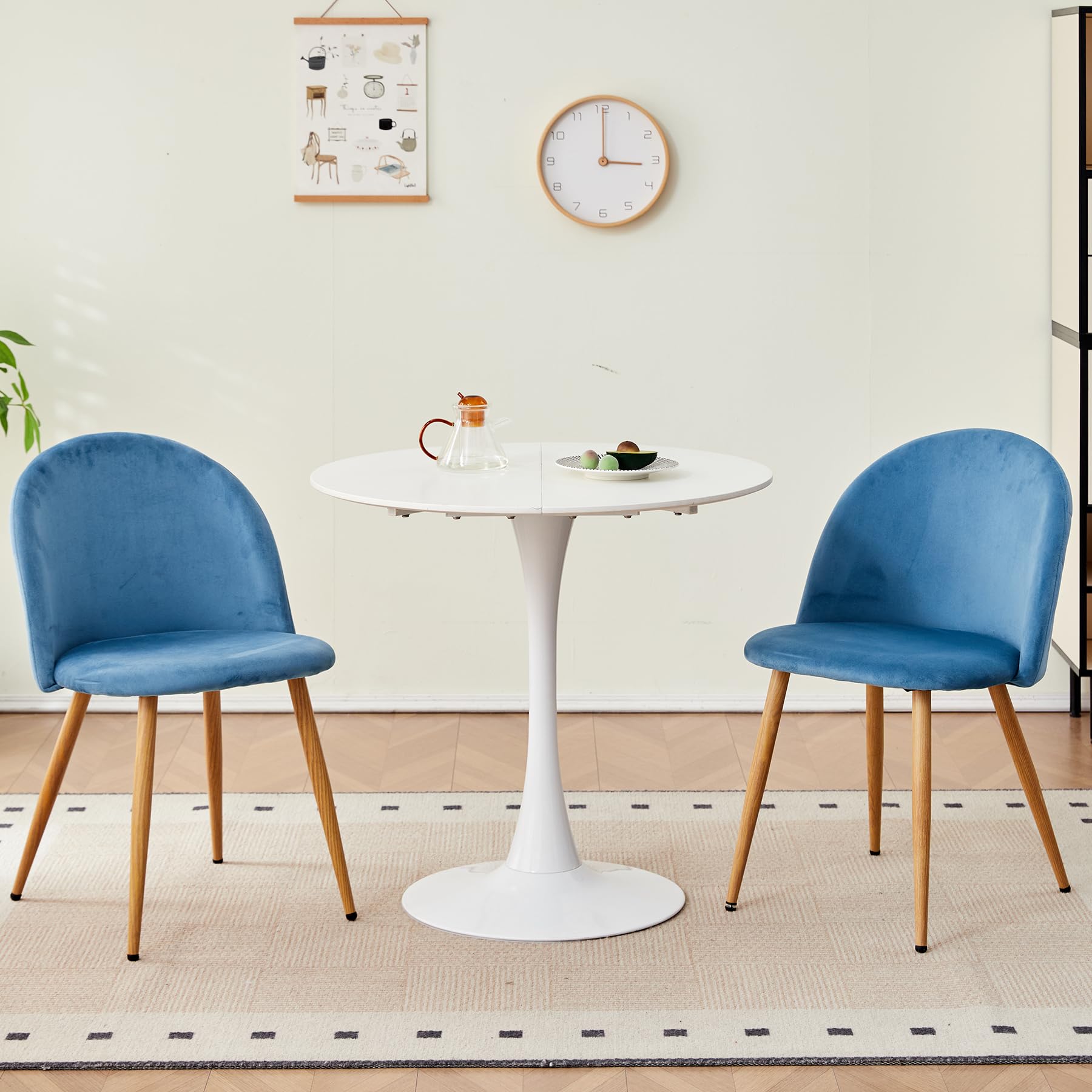 Lot de 4 Chaises de Salle à Manger Rembourrées avec Dossier en Velours Doux et Pieds Réglables en Métal Style Bois (Bleu)
