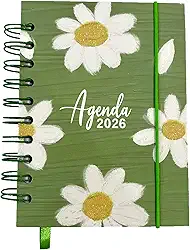 Agenda 2026 Capa Dura Espiral, Estampa Flores Variadas Coloridas, 168 folhas, Com Elástico e Marcador de Página. 14X10 cm. (Verde-branco)