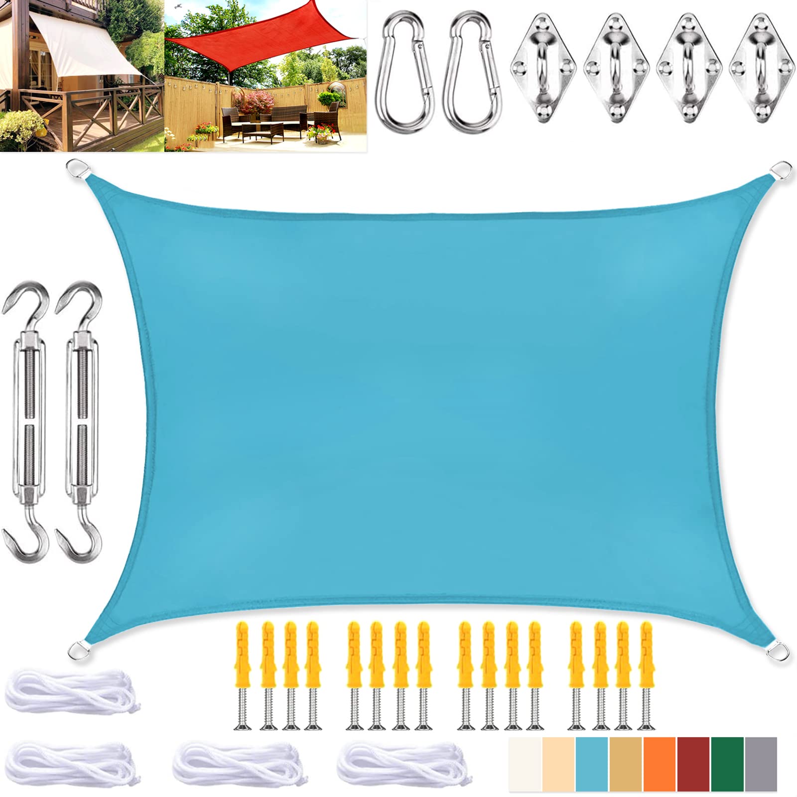 Voile d'ombrage Rectangulaire, Imperméable Protection UV Toile Ombrage avec Kit de Fixation, pour Extérieur Jardin Terrass