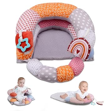 MIIMER 2-in-1 Tummy Time Baby Mat & Seated Support Pillow | Tummy Time Cushion with Detachable Support Prop and Toys, for Early Development Support for Newborns and Older Babies