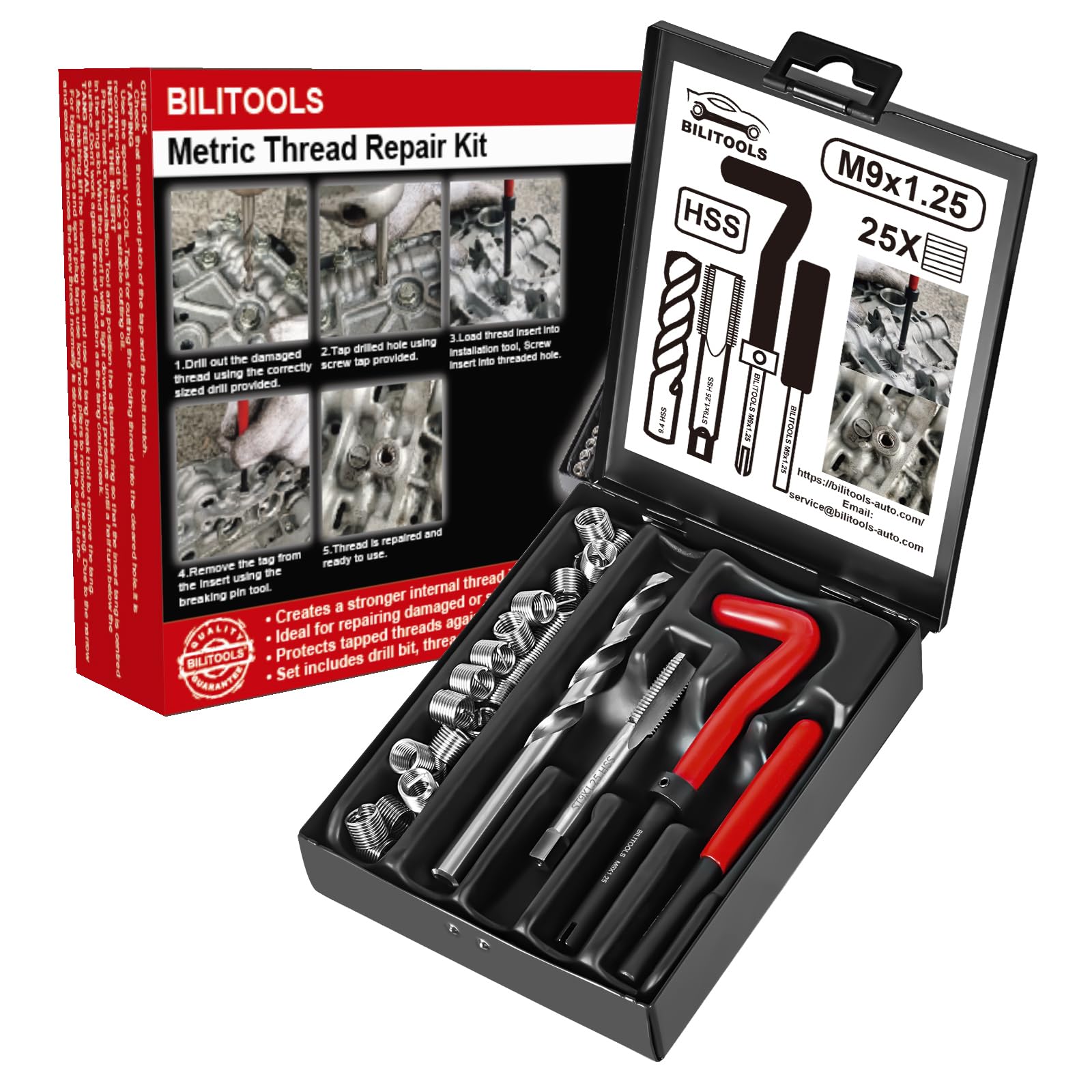 BILITOOLS M9x1.25 Helicoil Thread Repair Kit metrico, HSS Drill Heli Coil Kit di riparazione