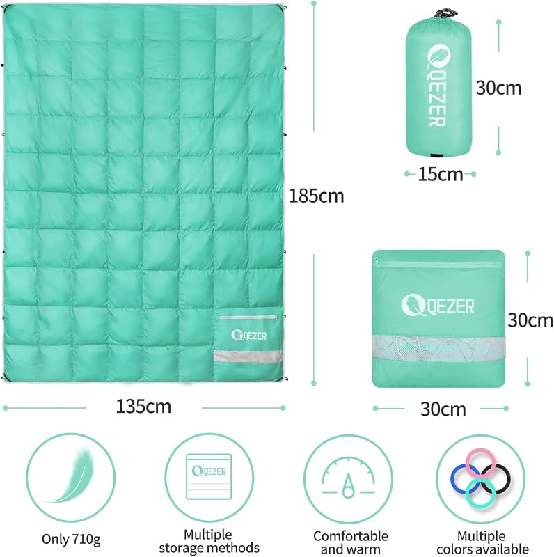 QEZER Pehelykönnyű Kempingpléd XL 185x135cm - Ultrakönnyű Utazótakaró Kültéri-Beltéri Használatra, Túrázáshoz, Kempingezéshez, Párnaként is