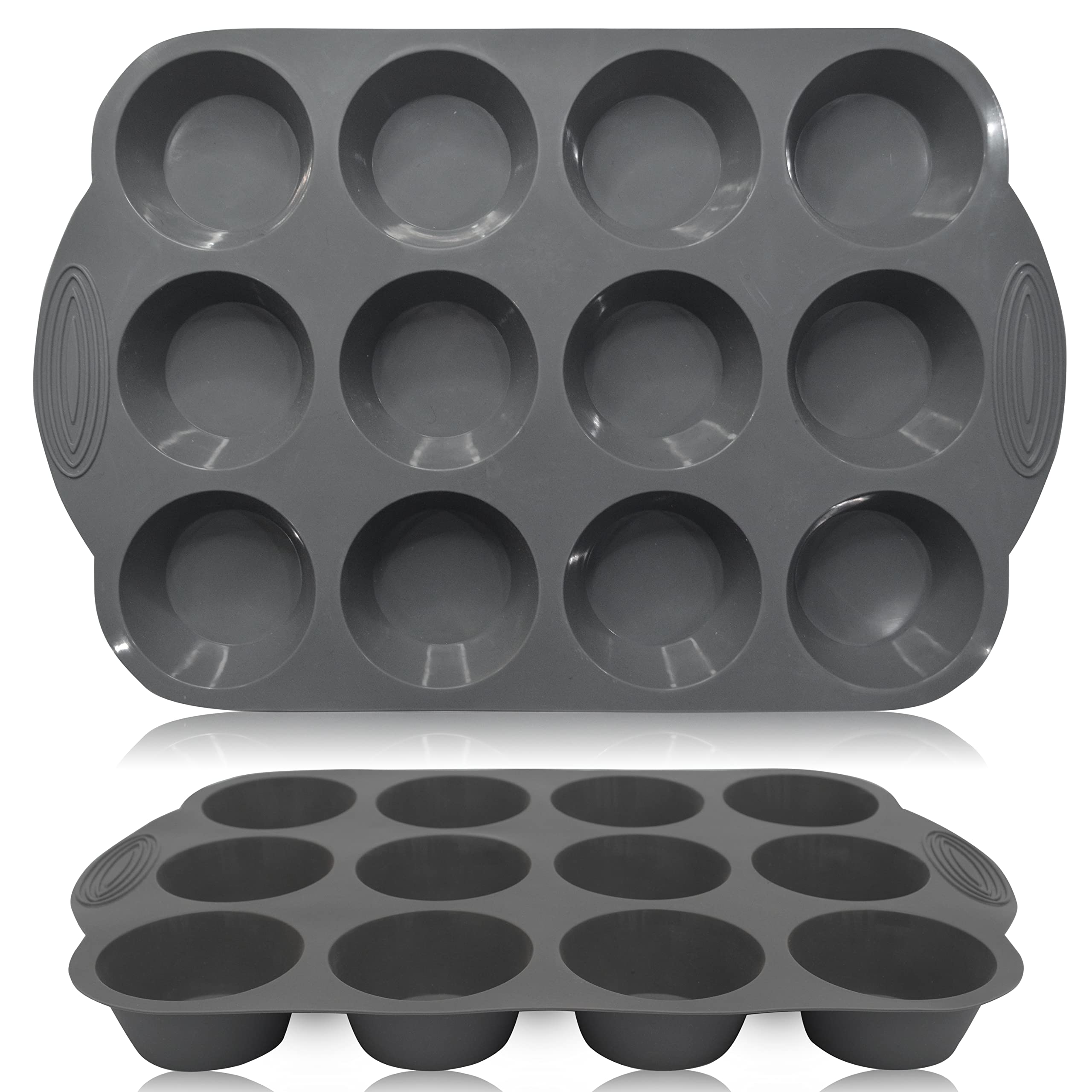 EATO Set of 2 Muffin Tray 12 Cup Silicone Yorkshire Pudding Tray, Muffin tin, Non-Stick Muffin Cupcake Tin for Muffins Cupcakes or Yorkshire Puddings, Bakeware 33 x 22 x 3 cm (Grey)