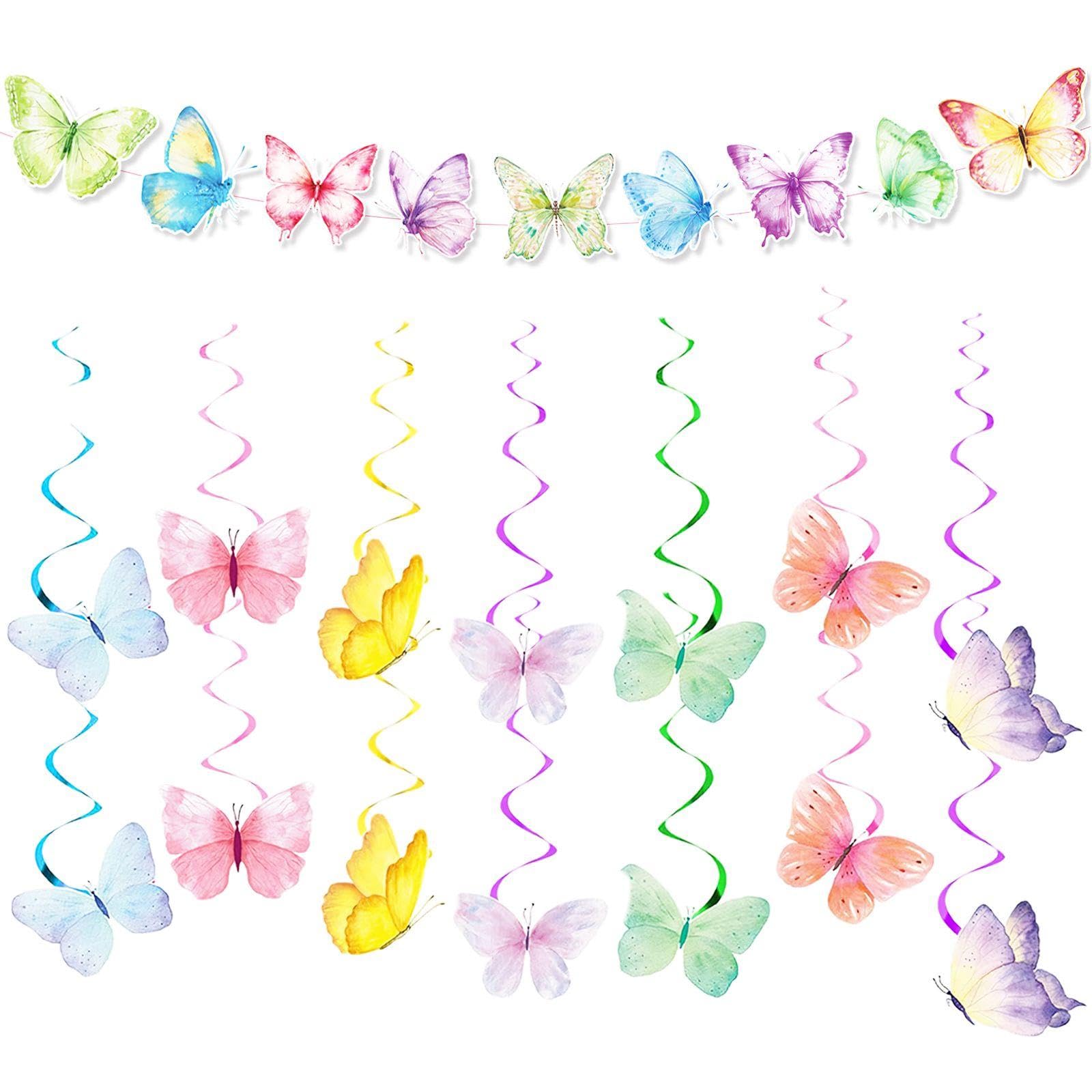 EOWVISN 28 Pieces Butterfly Pendant And 1 Set Of Butterfly Banners, Birthday Party Supplies, Creative Decorations, Party Scene Arrangement.