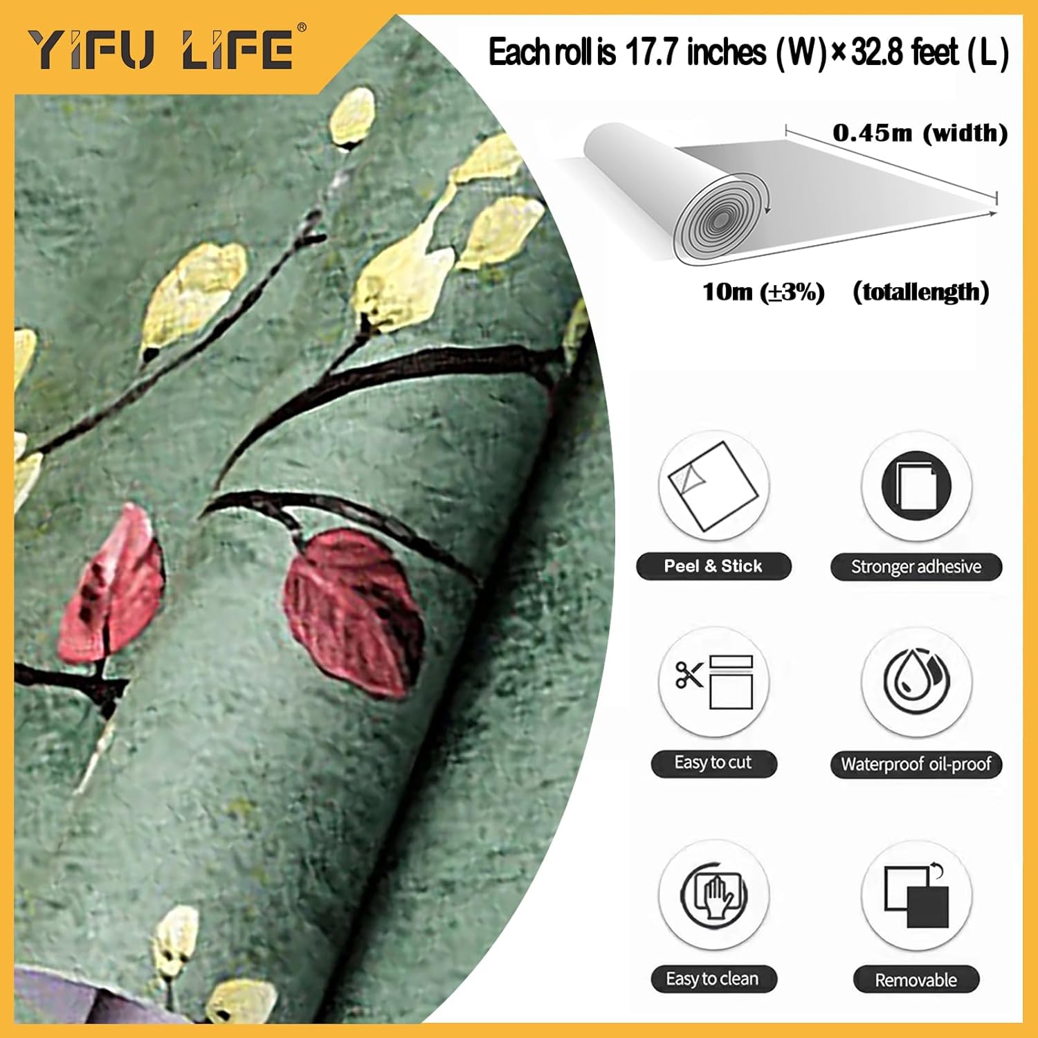 8619-10M Floral Peel and Stick Wallpaper 17.7" x 32.8ft Green Plum Flower Vinyl Self Adhesive Wallpaper for Furniture Drawer Shelf Liner Wall Decor