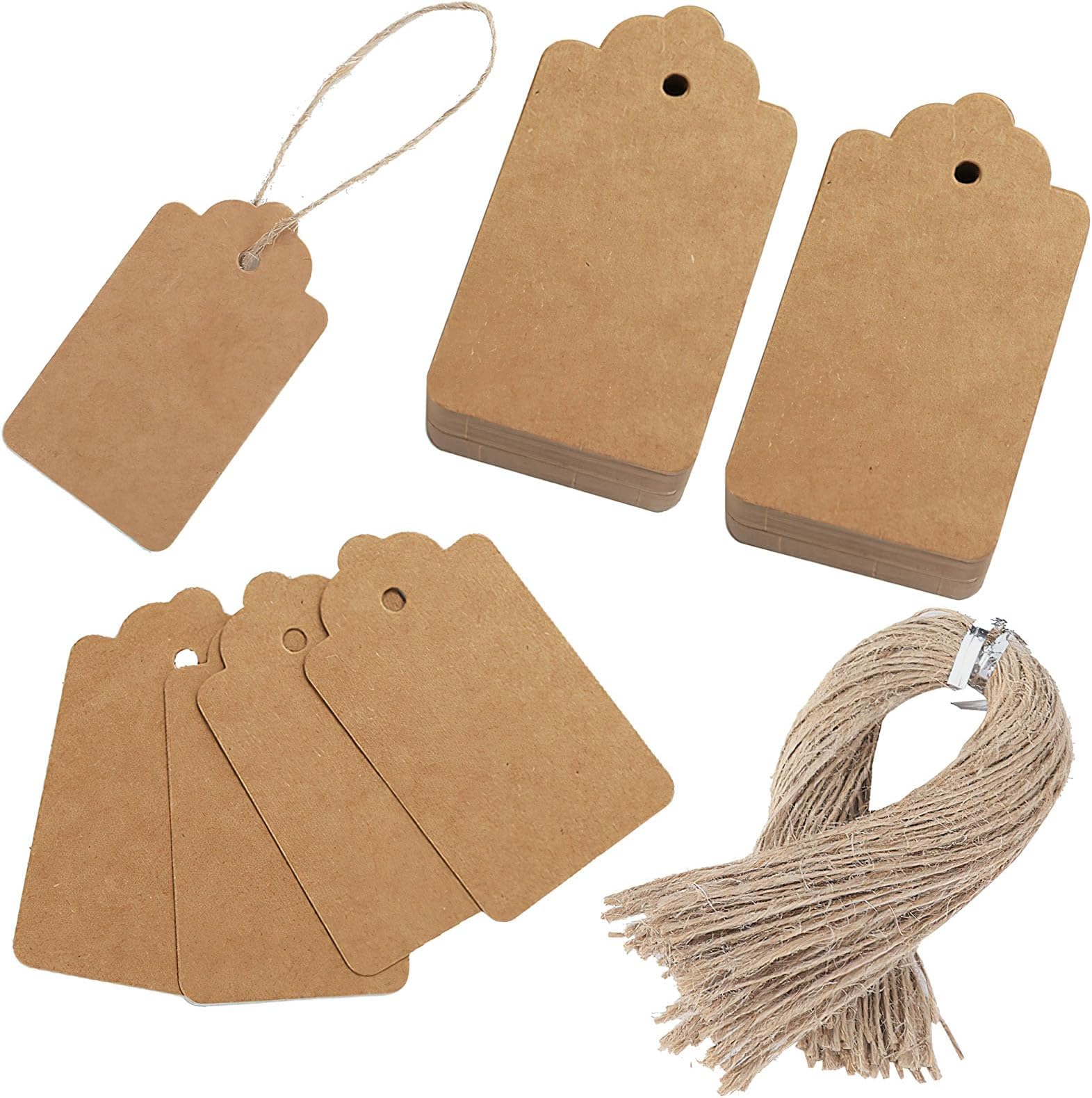 SallyFashion Kraft Paper Tags, 600 PCS Craft Hang Tags with Free 600 PCS Natural Jute Twine for Gifts Arts and Crafts Wedding Holiday