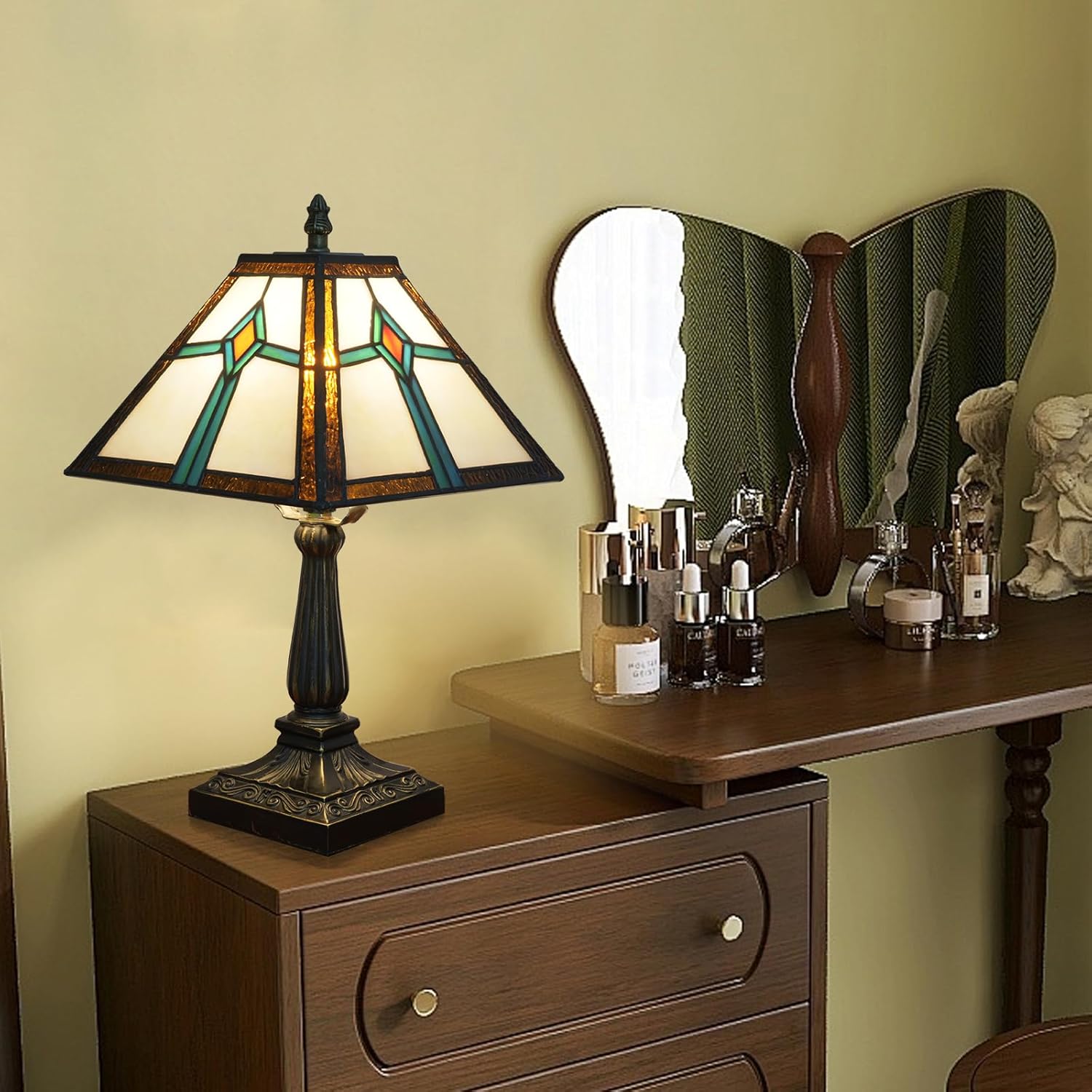 Tiffany Style Table Lamp Mission Design Stained Glass Lamp Vintage Handmade Nightstand Lamp with LED Bulbs Included for Home Living Room Bedroom Office