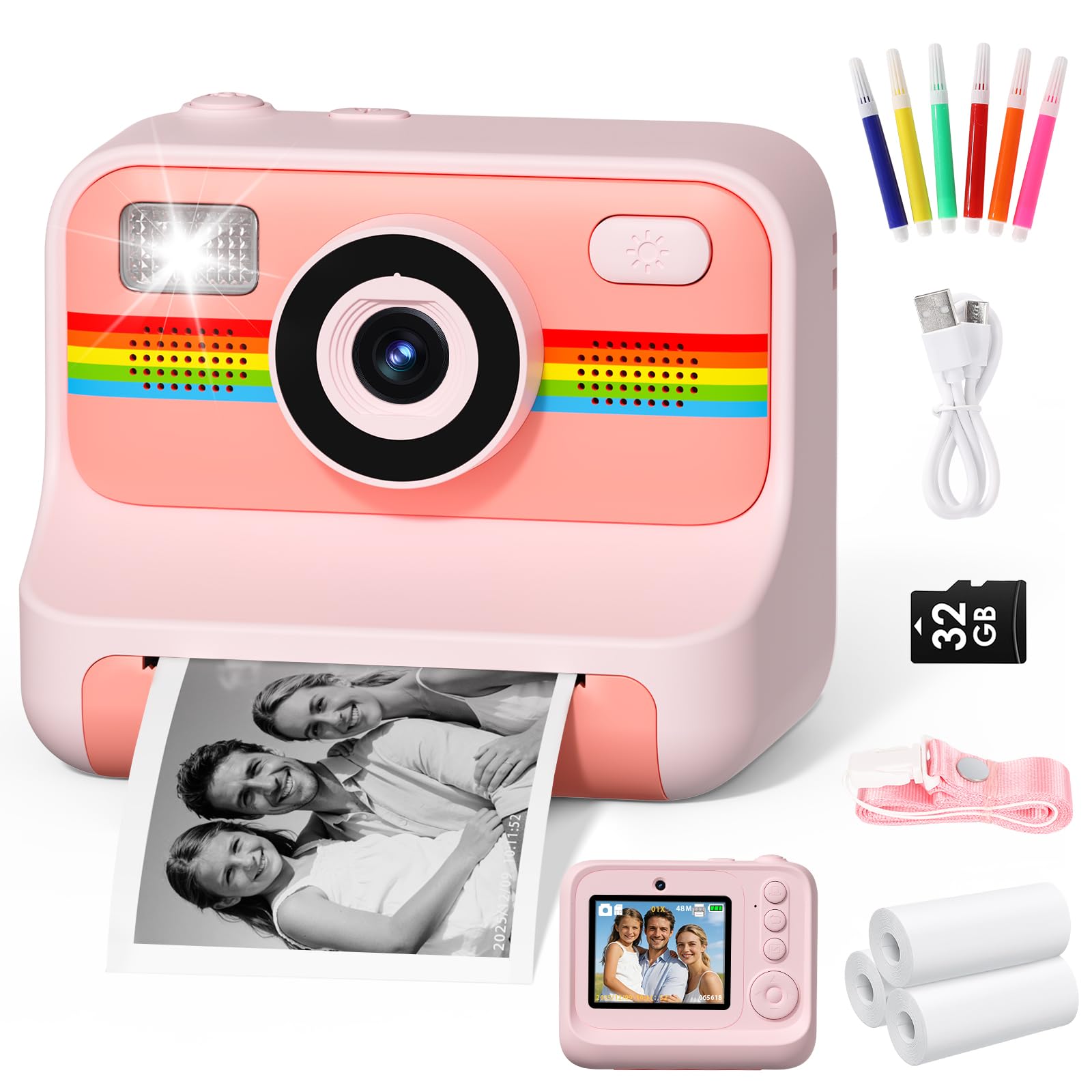 LIORQUE Camara Fotos Infantil Instantanea, 2.4'' HD 1080P Camara de Fotos Instantaneas con Tarjeta de 32G y Papel de Impresión, Bolígrafos de Colores DIY, Regalo para Niños de 3 a 12 Años (Rosa)