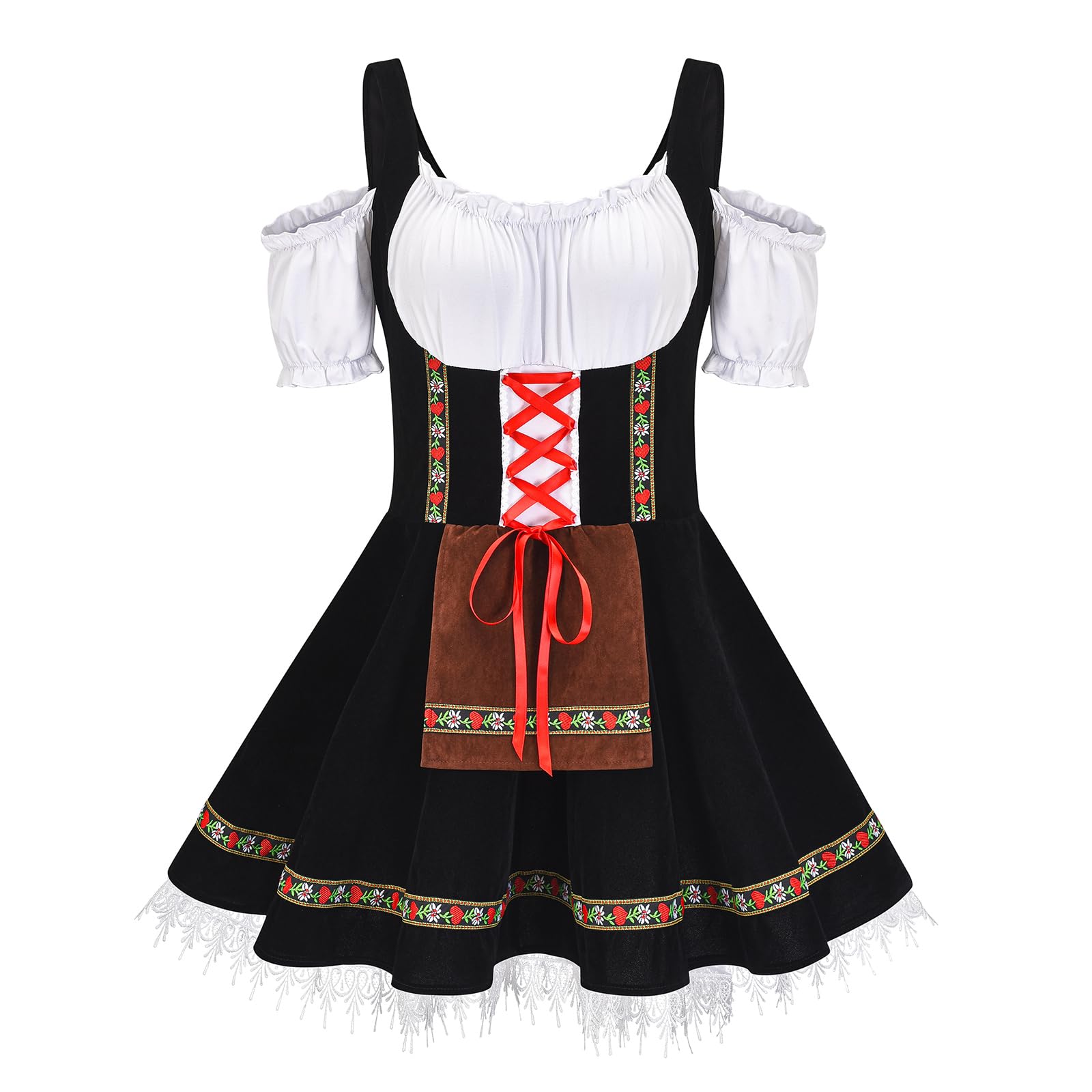 Dirndl Damen Midi Dirndelkleider Oktoberfest Outfit Trachten Rock Dirndlkomplettsets mit Puffärmeln Bluse und Spitzenbesatz Partykleid Maxikleider Festlich Halloween Kleidung Trachtenmode