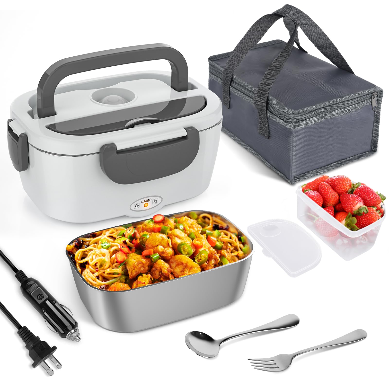 Akhia Electric Lunch Box for Adults, 80W/1.5L Heated Lunch Box for Men Work Car Truck, Portable Food Warmer Lunch Box Upgraded with Fork&Spoon and Insulated Carry Bag, 12V/24V/110V