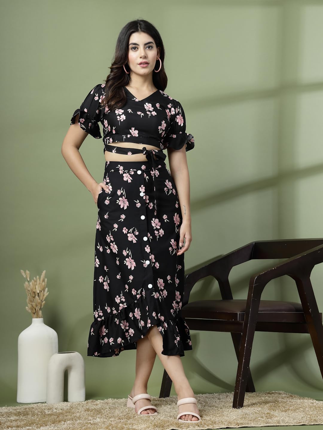 Oomph Crepe Crop Top And Skirt Set For Women, Black - Coord_Mt895Msk203