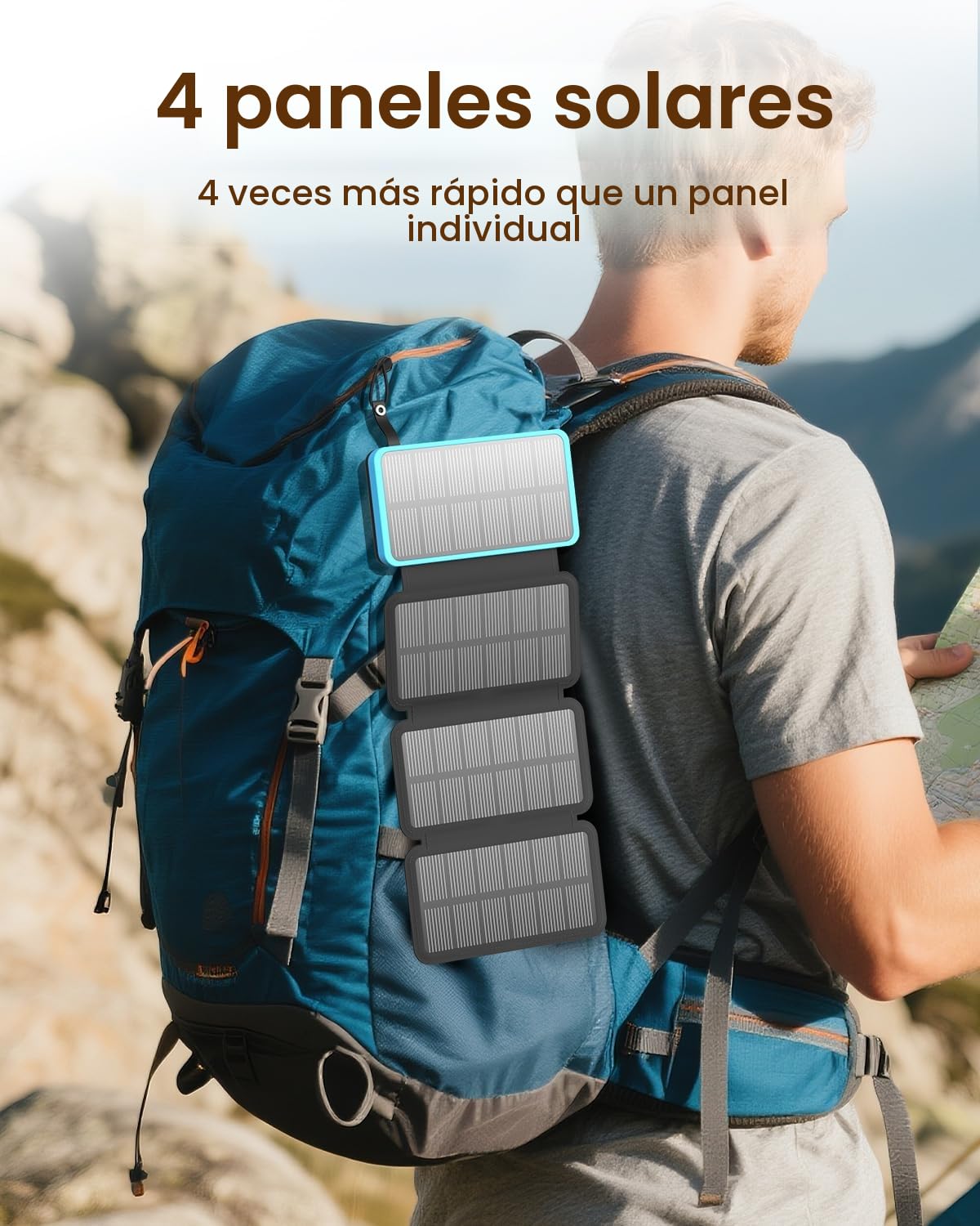 FEELLE Cargador Solar Power Bank 25000mAh, Batería Externa con Doble Salida USB de 3,0 A y 4 Paneles Solares Plegables Cargador Portátil para Smartphone, Tablet y Más (Azul)
