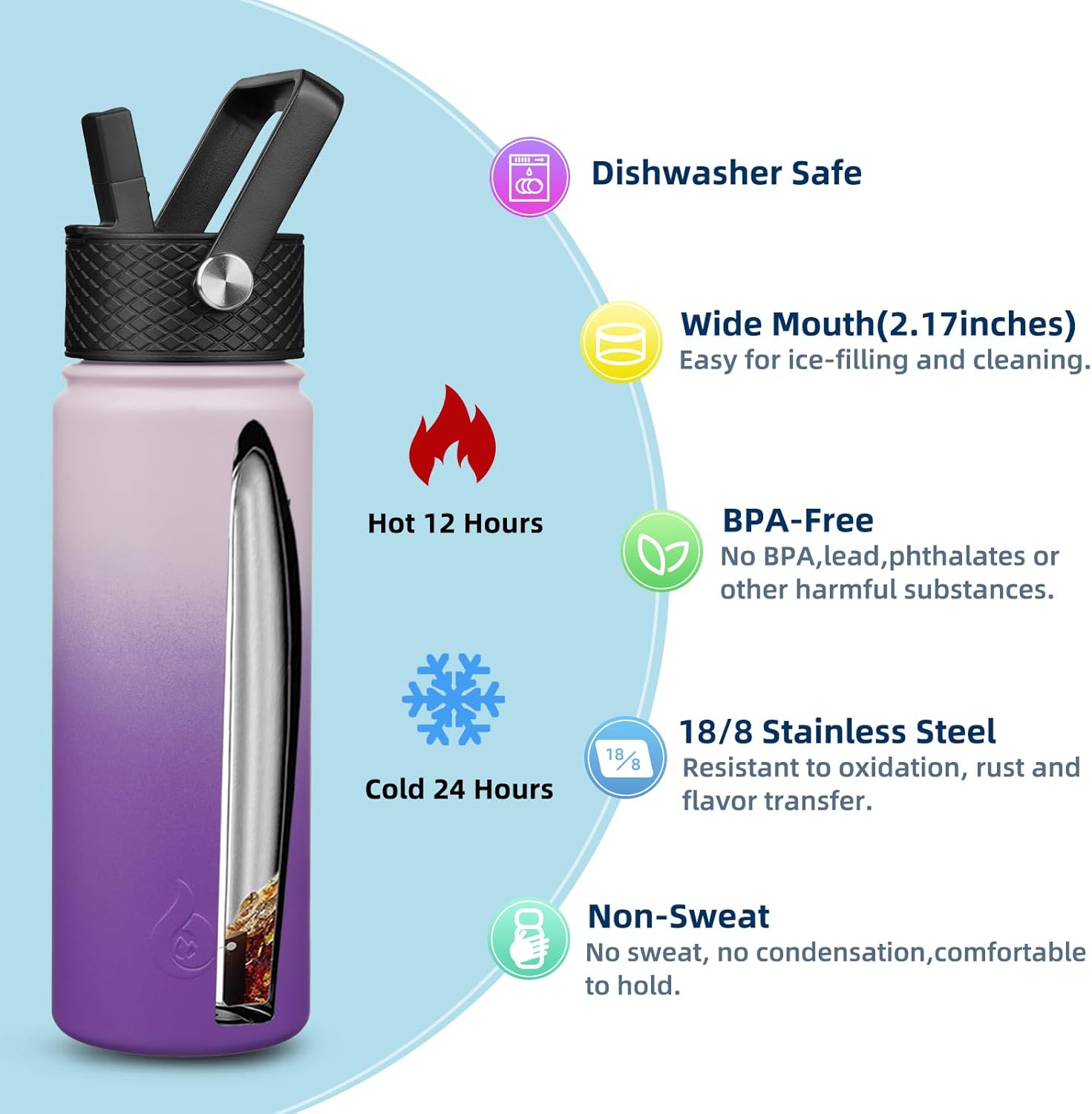 BJPKPK Insulated Water Bottles with Straw Lid, 22oz Cold & Hot Thermo, Stainless Steel Metal Water Bottle with 3 Lids, Reusable Thermo, Cups, Mugs for Daily Use-Violet - Image 3