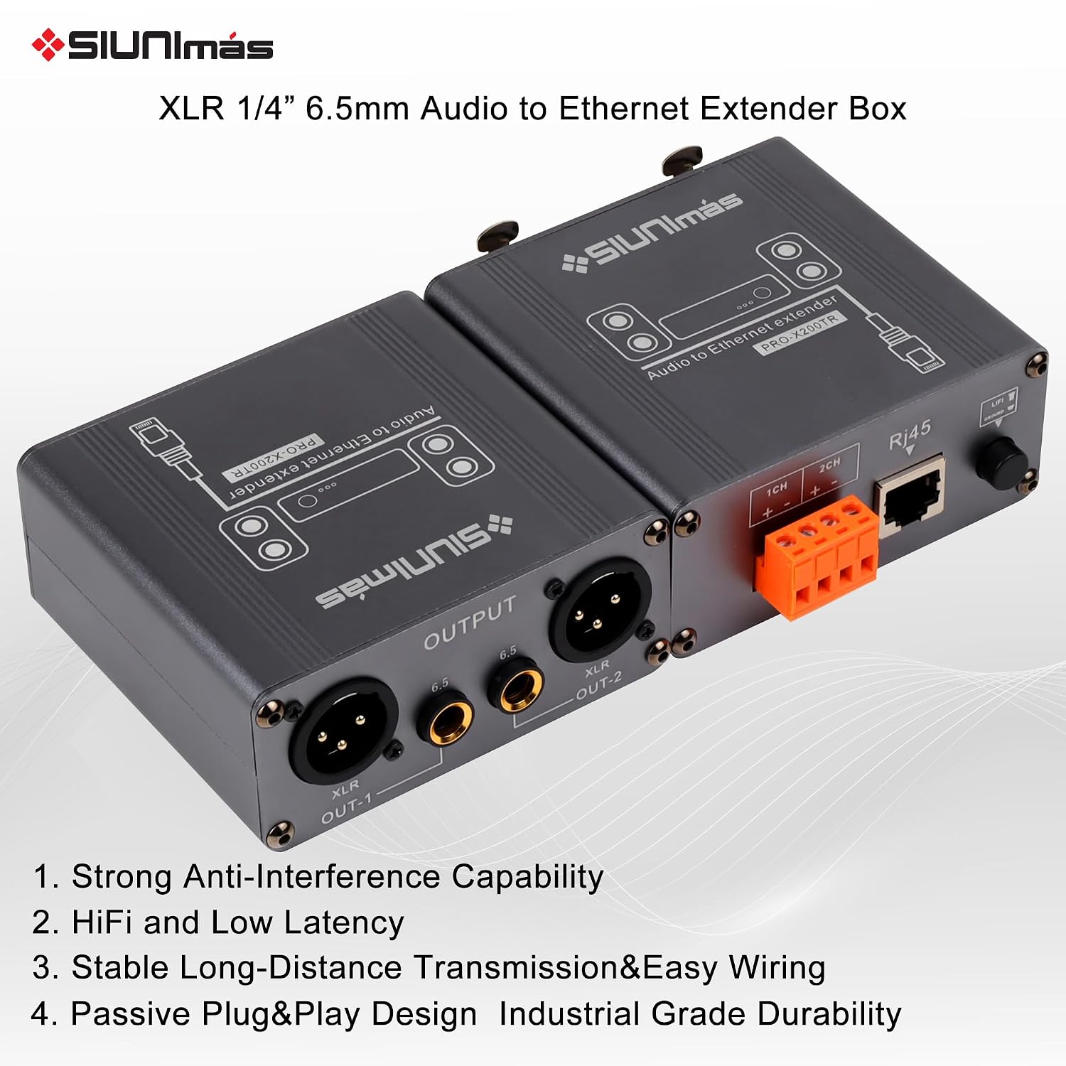 One Pair Network RJ45 to XLR&1/4” 6.5mm Long-Distance Audio to Ethernet Extender Box Durable Aluminum Alloy Box with Build-in Audio Isolators Support GND Lift Connecting Over Cat5 / Cat6 etc