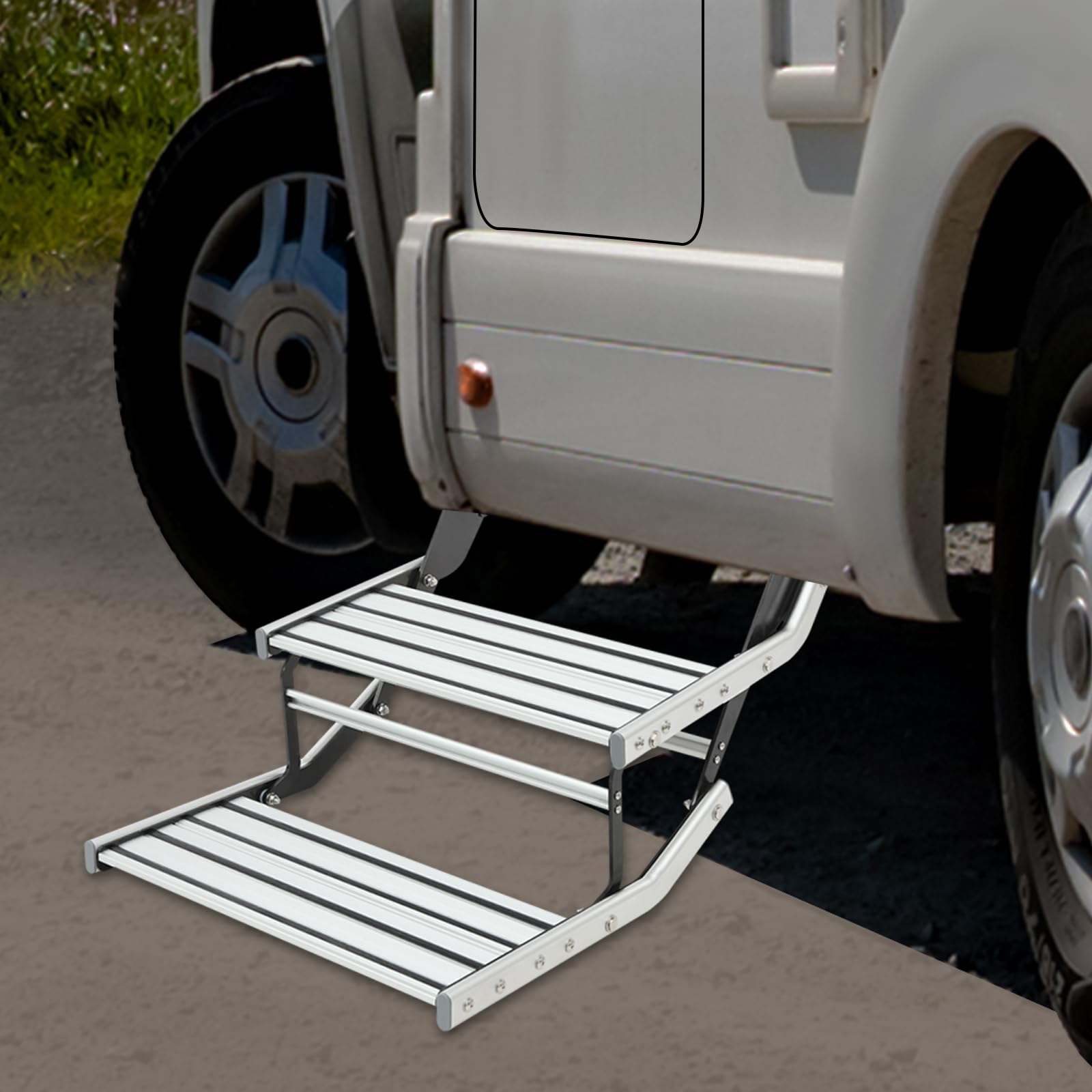 Gradino pieghevole per roulotte, 2 gradini, in alluminio | Lega di alluminio, gradino manuale per camper, camper, camper, barche, yacht