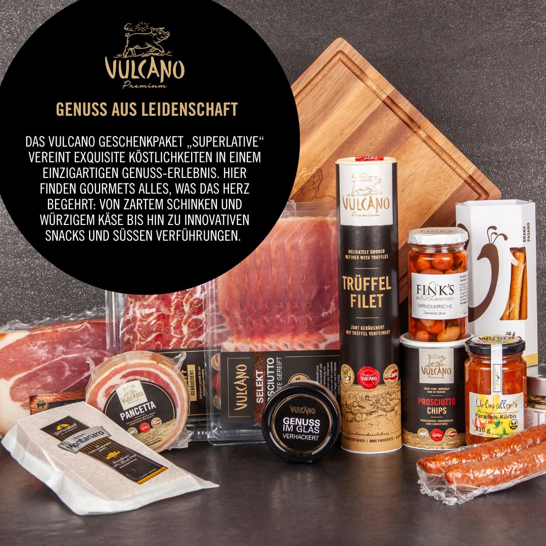 Vulcano Geschenkpaket Superlative – Premium Feinkost Geschenkset aus Österreich mit Schinken, Käse, Snacks & Süßigkeiten, handverlesen & stilvoll verpackt für Gourmets & Genießer