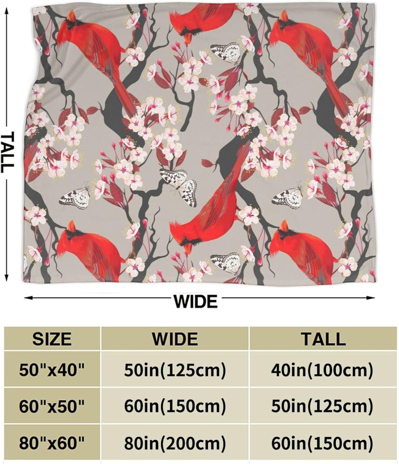 Lightweight Microfiber Plush Throw Blanket Christmas Cardinal Decor for Couch Bed Sofa Travel All Seasons… (Cardinals Birds Cherry Flowers, 60"×80")