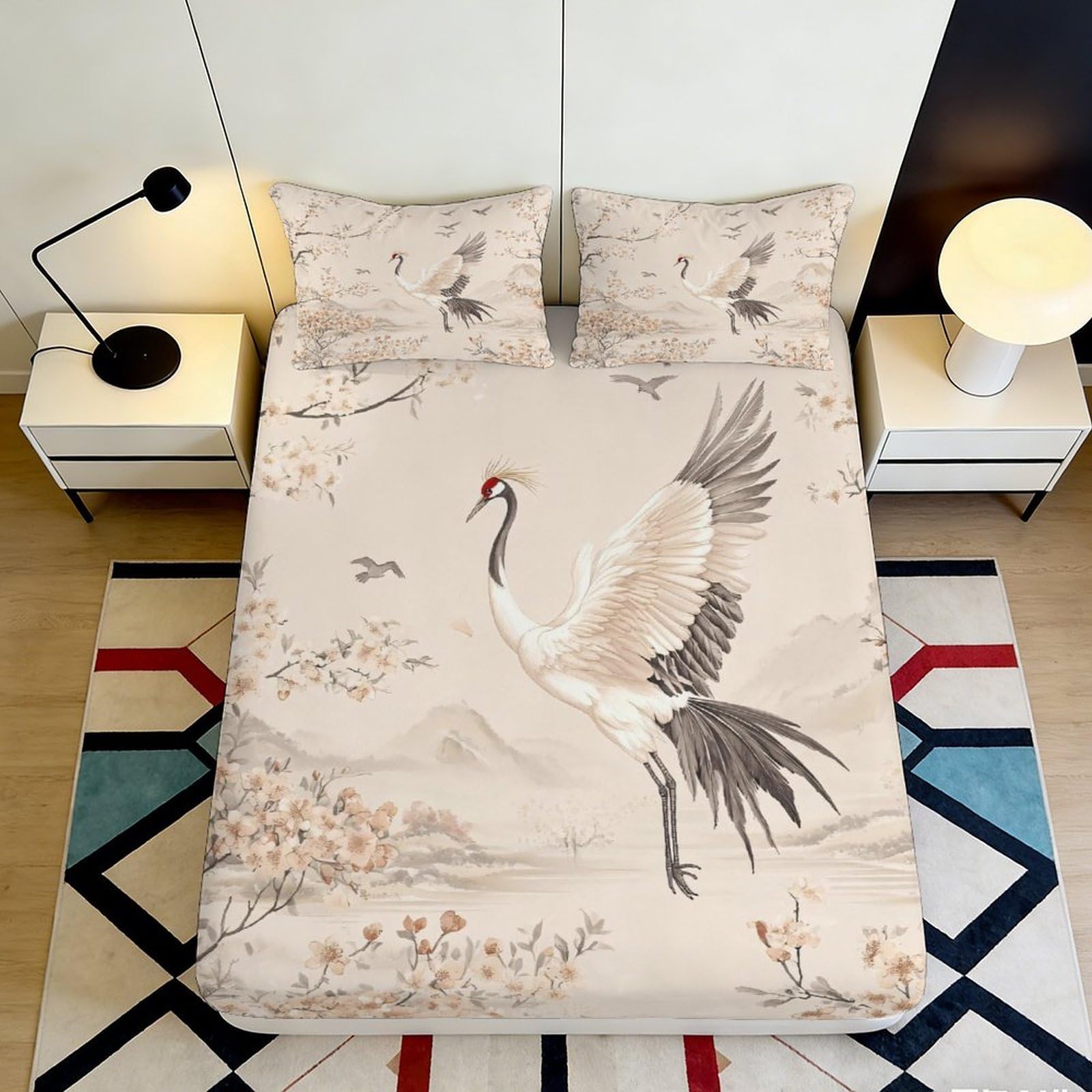 3D Printed Japanese Crane Fitted Sheet Microfiber Beige Elegant Landscape Mattress Cover for Bedroom Guest Room Decor 90x200x25cm