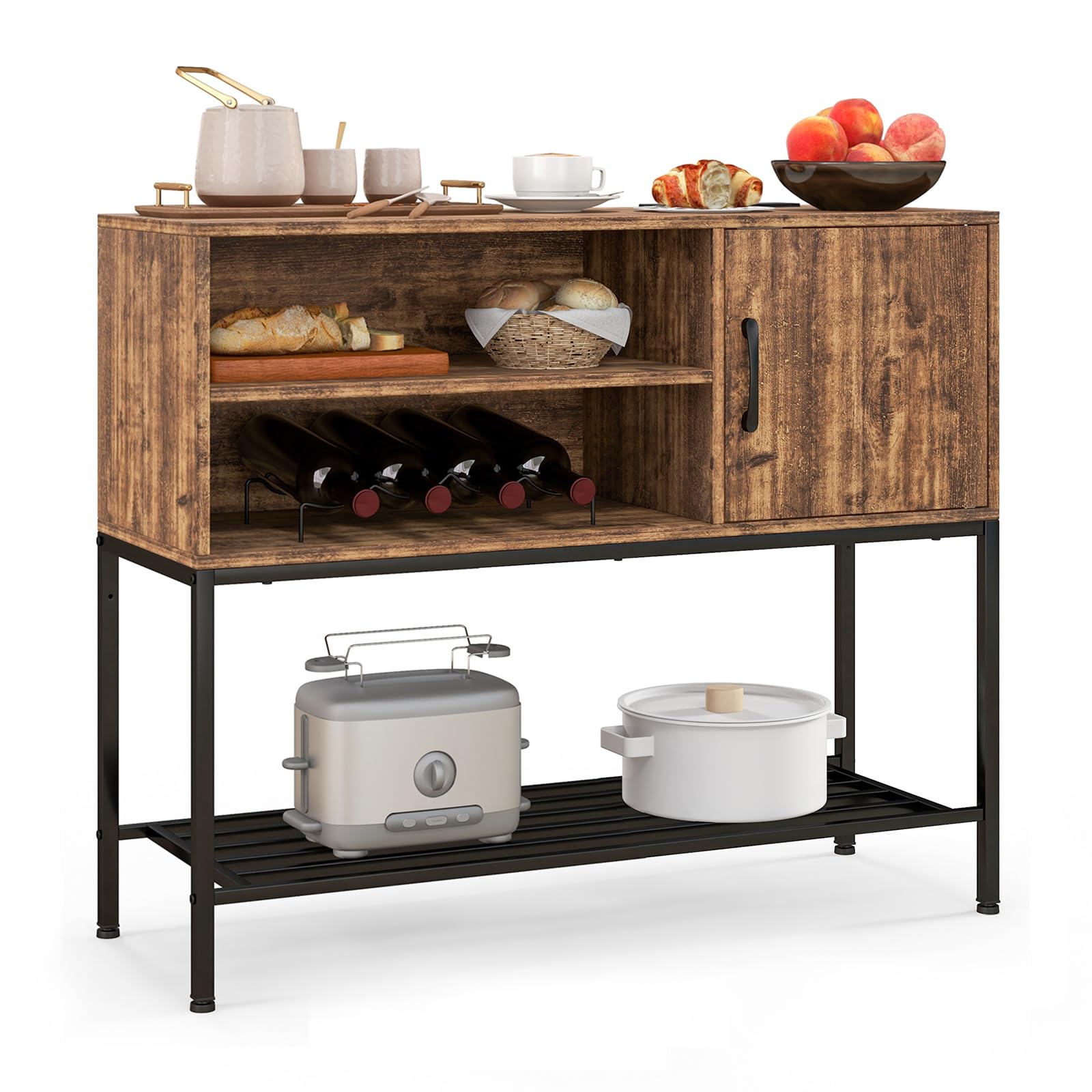 COSTWAY Sideboard mit Weinregal & Metallablage, Küchenschrank aus Holz, Weinschrank 35 x 100 x 83 cm, Konsolentisch Buffetschrank für Esszimmer, Wohnzimmer, Flur, Eingang (Braun)
