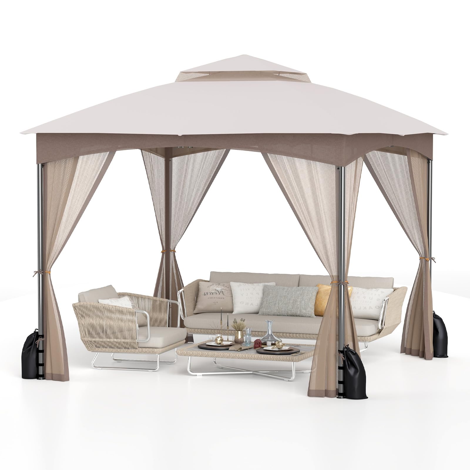 TANGZON Outdoor Gazebo, Heavy Duty Metal Frame Garden Gazebo Canopy Tent with 2-Tier Vent Roof & Side Walls, Waterproof Marquee Sunshade Shelter Pavilion (296x296x274 cm, Khaki)