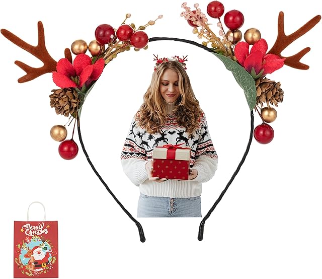 EXGOX Christmas Headband,Flower Crown Reindeer Headband Antlers Headband,Floral Wreath Headdresses Hair Hoop Christmas Hair Accessories for Women and Girls(Red 1PC)