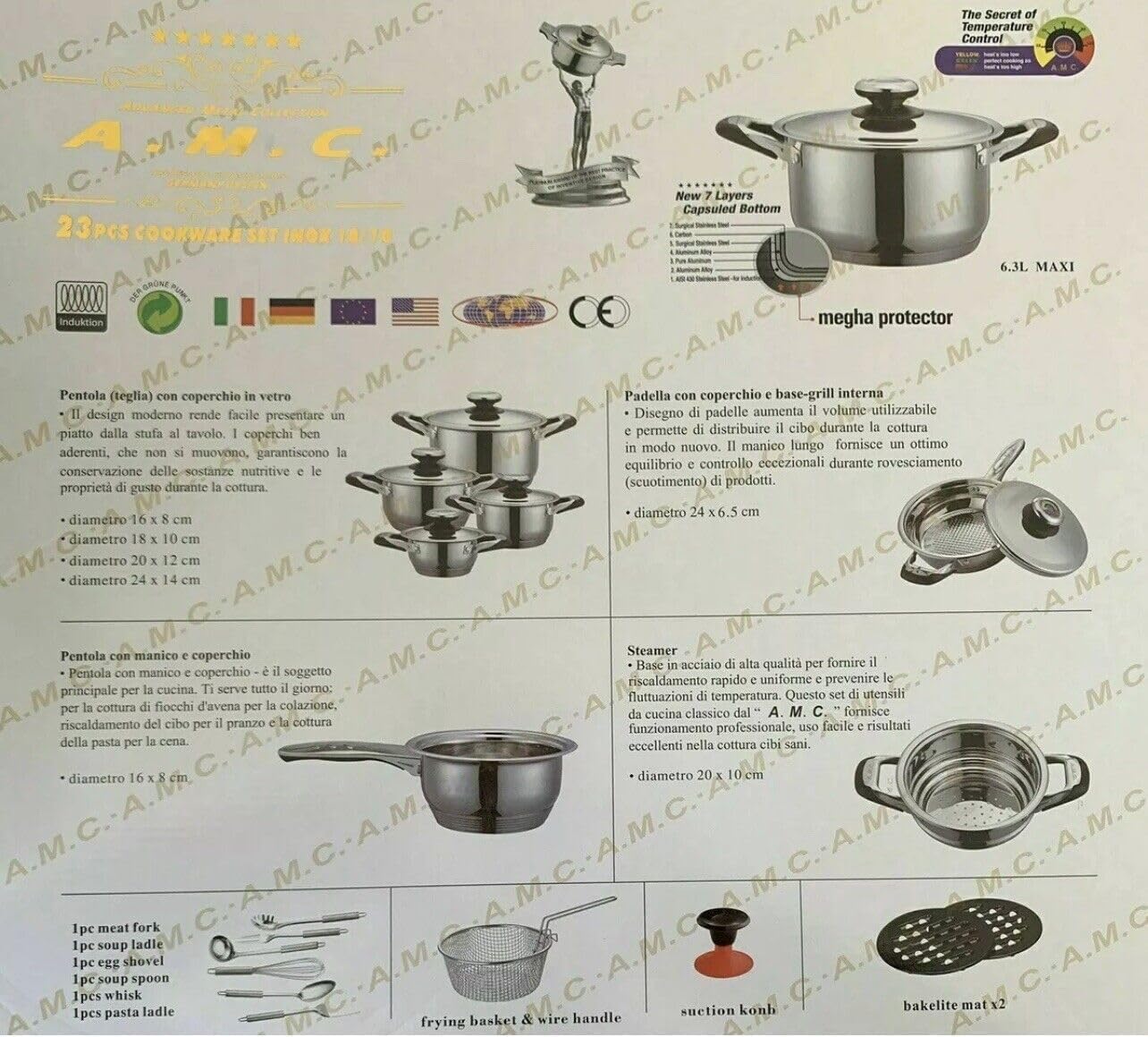 A.M.C. Kochgeschirr-Set, 23-teilig, aus Edelstahl, Induktion, Antihaftbeschichtung