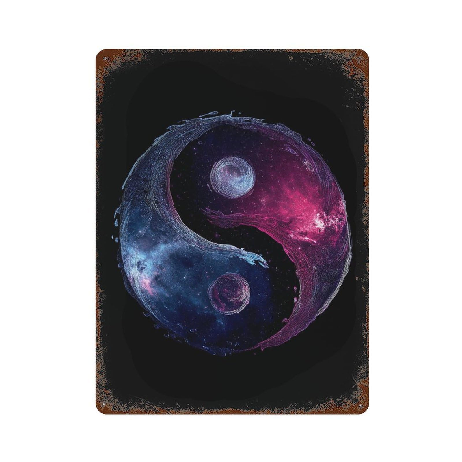 Rustic Tin Plaque with Cosmic Yin Yang Art Print Design 15.7"x11.8", for Pub, Kitchen And Man Cave Decor, Old School Wall Decor