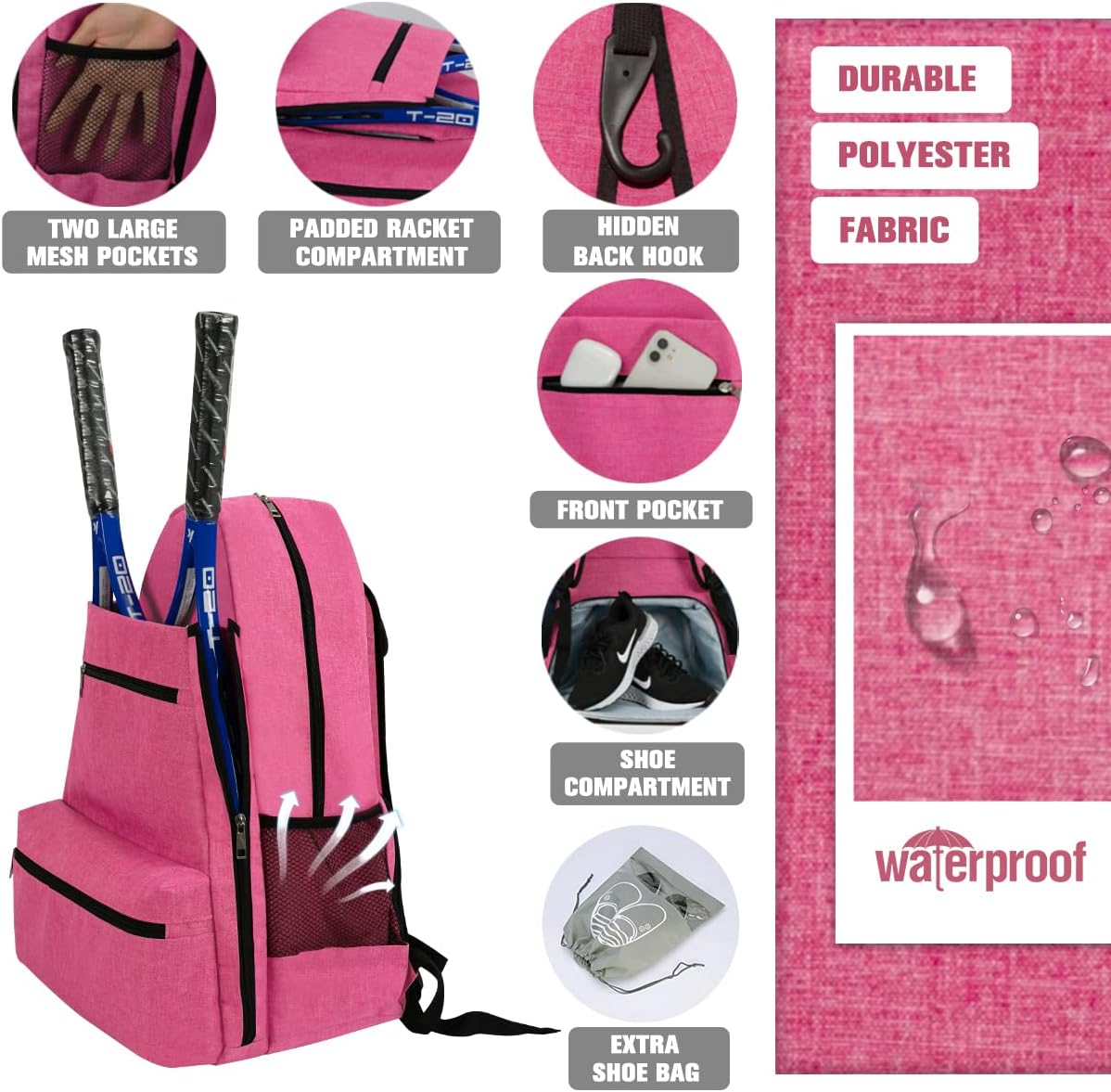 TDIFFUN Tennis Bag Tennis Racket Backpack with Shoe Compartment Large Capacity Sports Backpack with Shoe Bag for Men and Women, Racket Bag for Tennis, Badminton, Pickleball and Other Accessories (Pink) : Sports & Outdoors