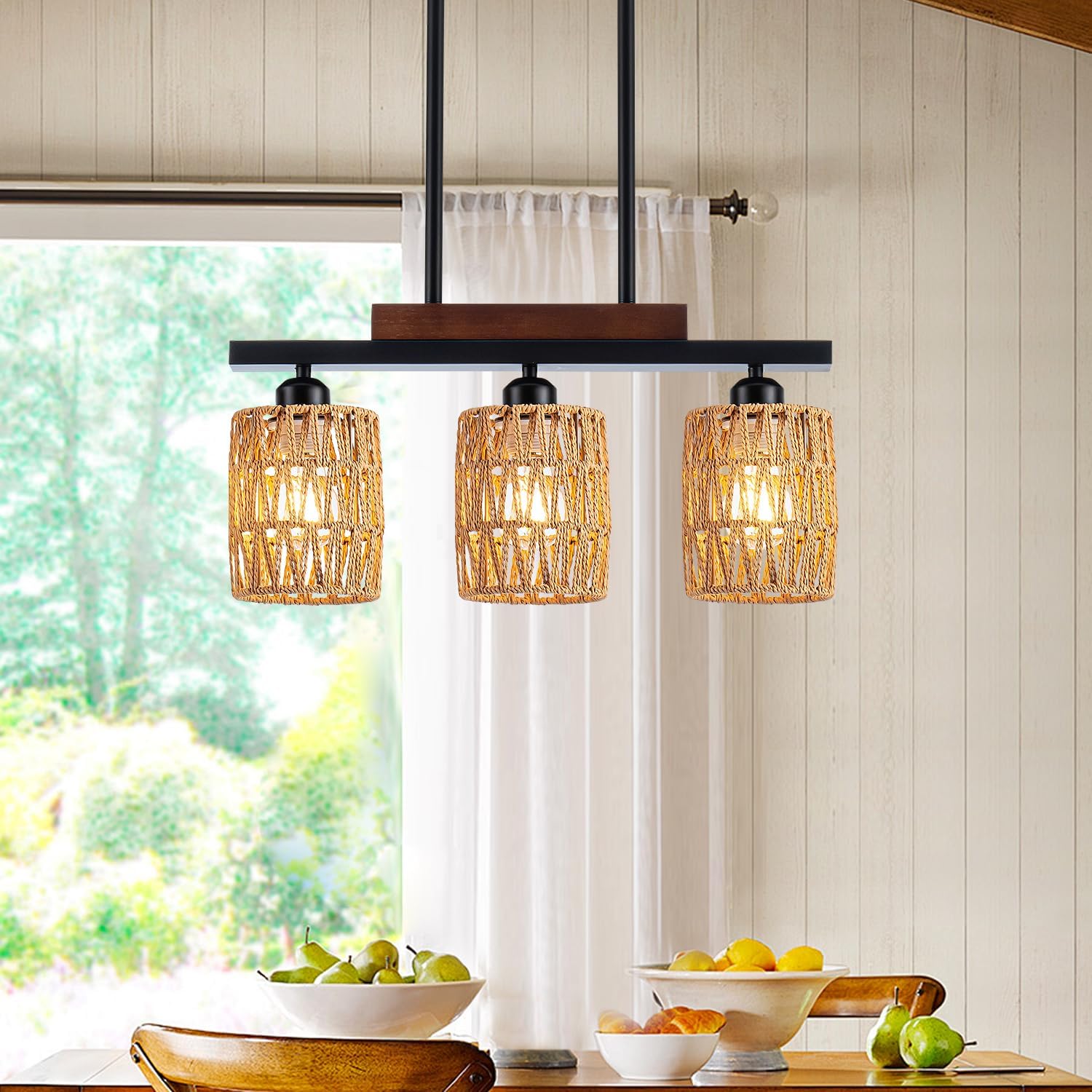 Rattan Farmhouse Kitchen Island Lighting, 3 Lights Boho Dining Room ...