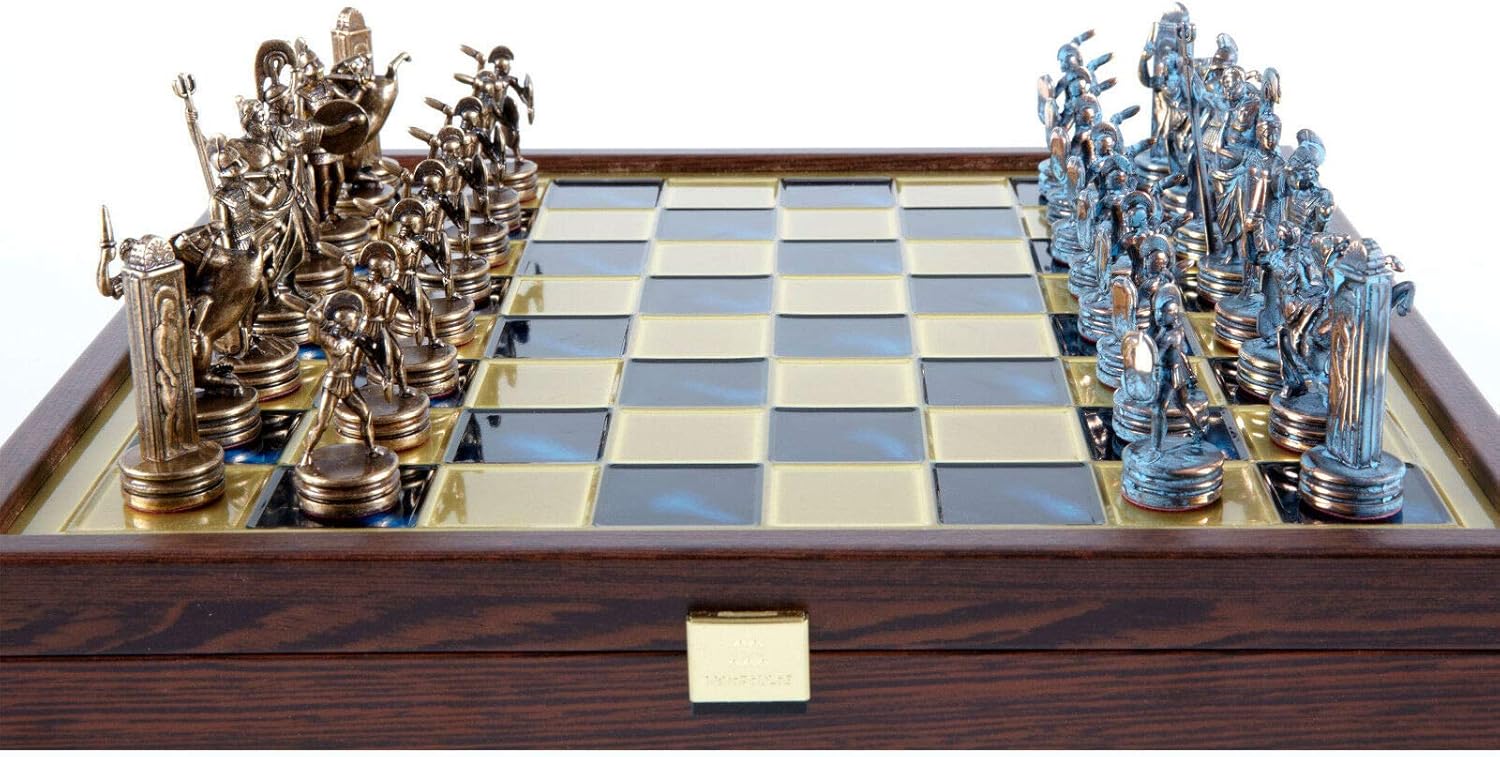 Manopoulos Greek Mythology Chess Set - Blue&Copper - Wooden case Blue Board
