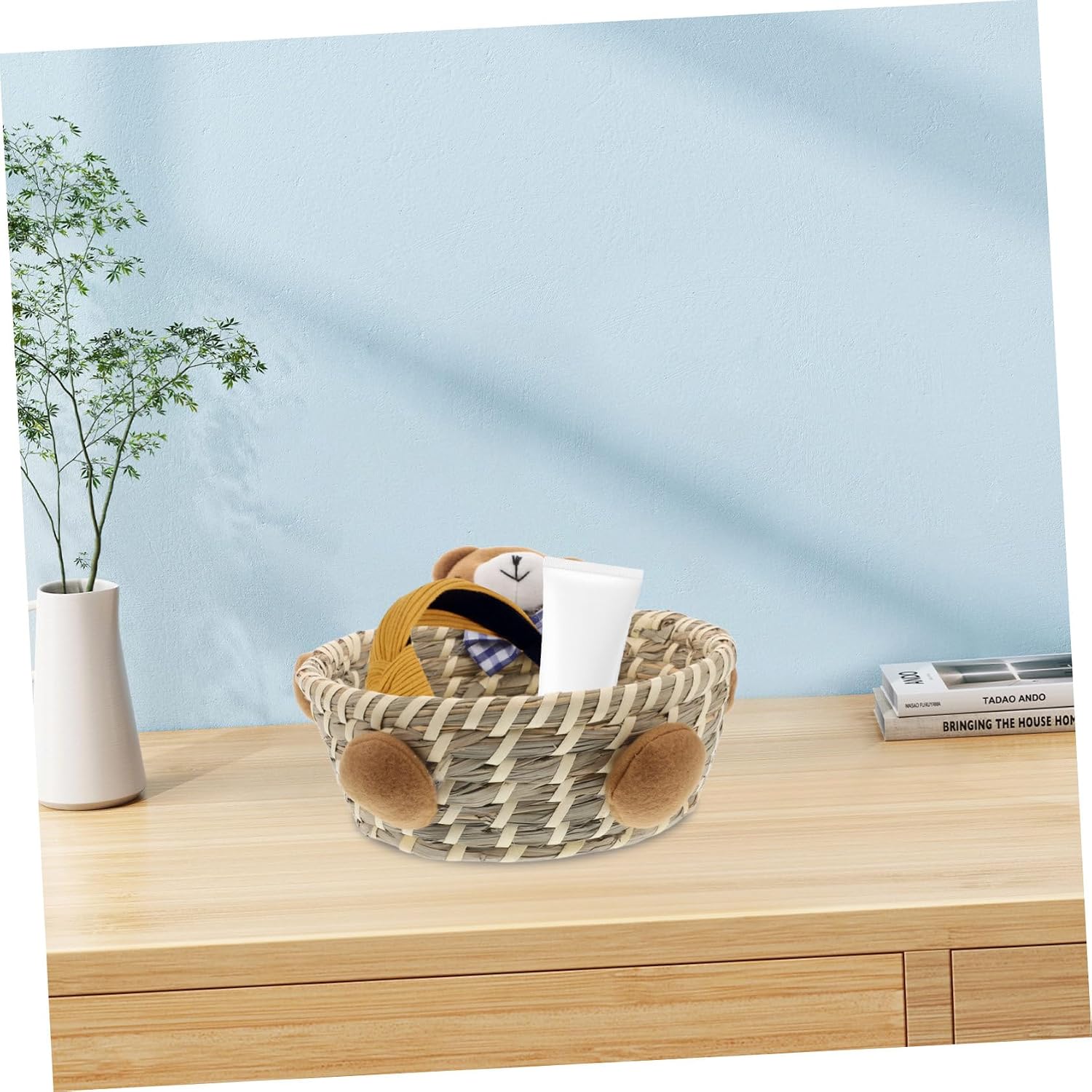 Bear Shaped Woven Basket Straw Storage Bin Decorative Organizer for Boys and Girls Room Home Decor